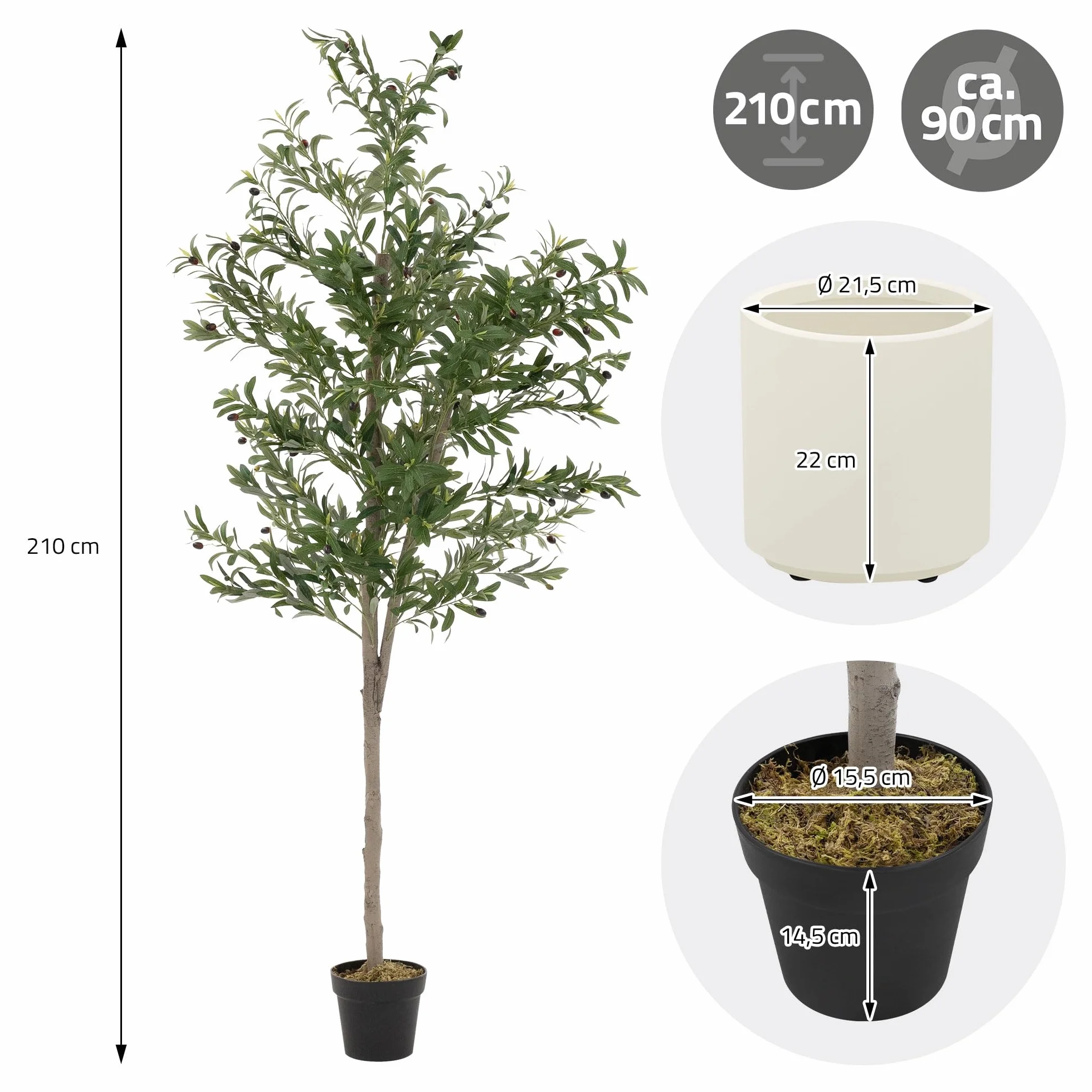 ML-Design Sztuczne Drzewo Oliwne 210 cm Duza Roslina Sztuczna z Naturalnym Pniem Drewna i Owocami Plastikowa Roslina w Doniczce do Uzytku Wewnetrznego i Zewnetrznego Realistyczne Drzewo Salonu i Biura