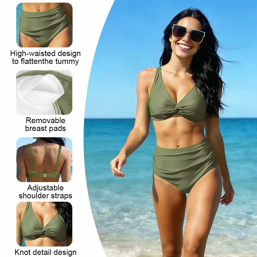 Damski zestaw bikini z wysokim stanem, stroje kąpielowe Twist Front, dekolt w serek, wyściełane dwuczęściowe stroje kąpielowe, kontrola brzucha, marszczone kostiumy kąpielowe, seksowne ubrania