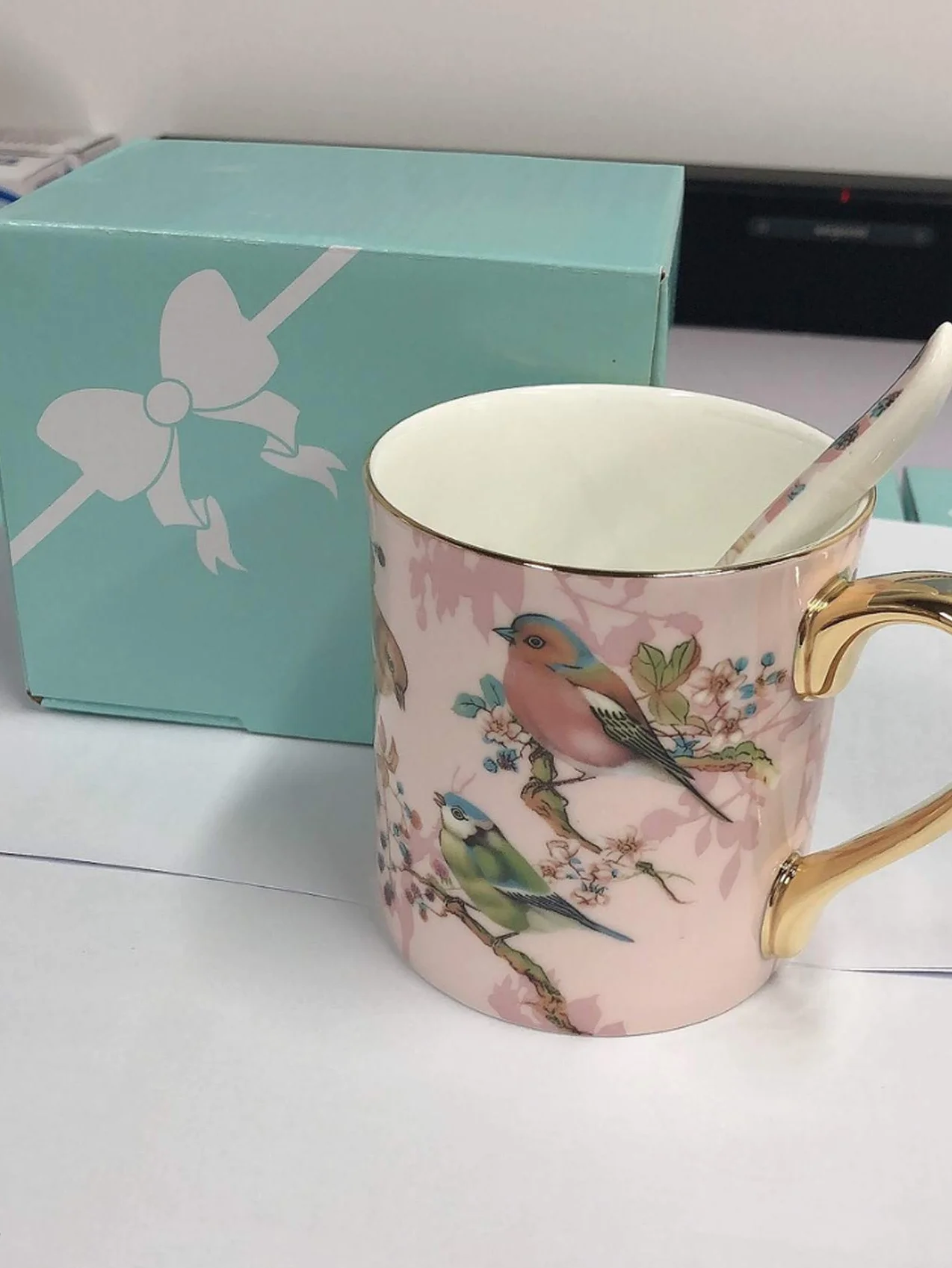YBK Tech Porcelanowa Filiżanka do Herbaty z Porcelany Kostnej, 350 ml Kubek do Kawy - Wzór Ptaków (Różowy)