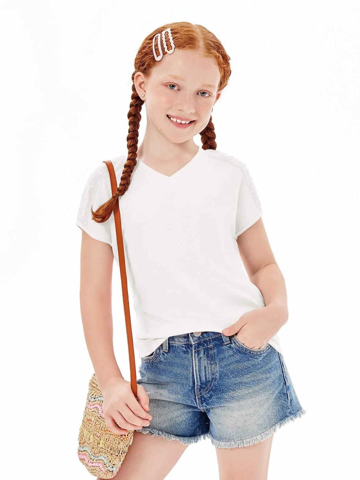 Haloumoning Dziewczęcy T-shirt na lato, krótki rękaw, dekolt w serek, dla dzieci, w szwajcarskie kropki, śliczny top rekreacyjny