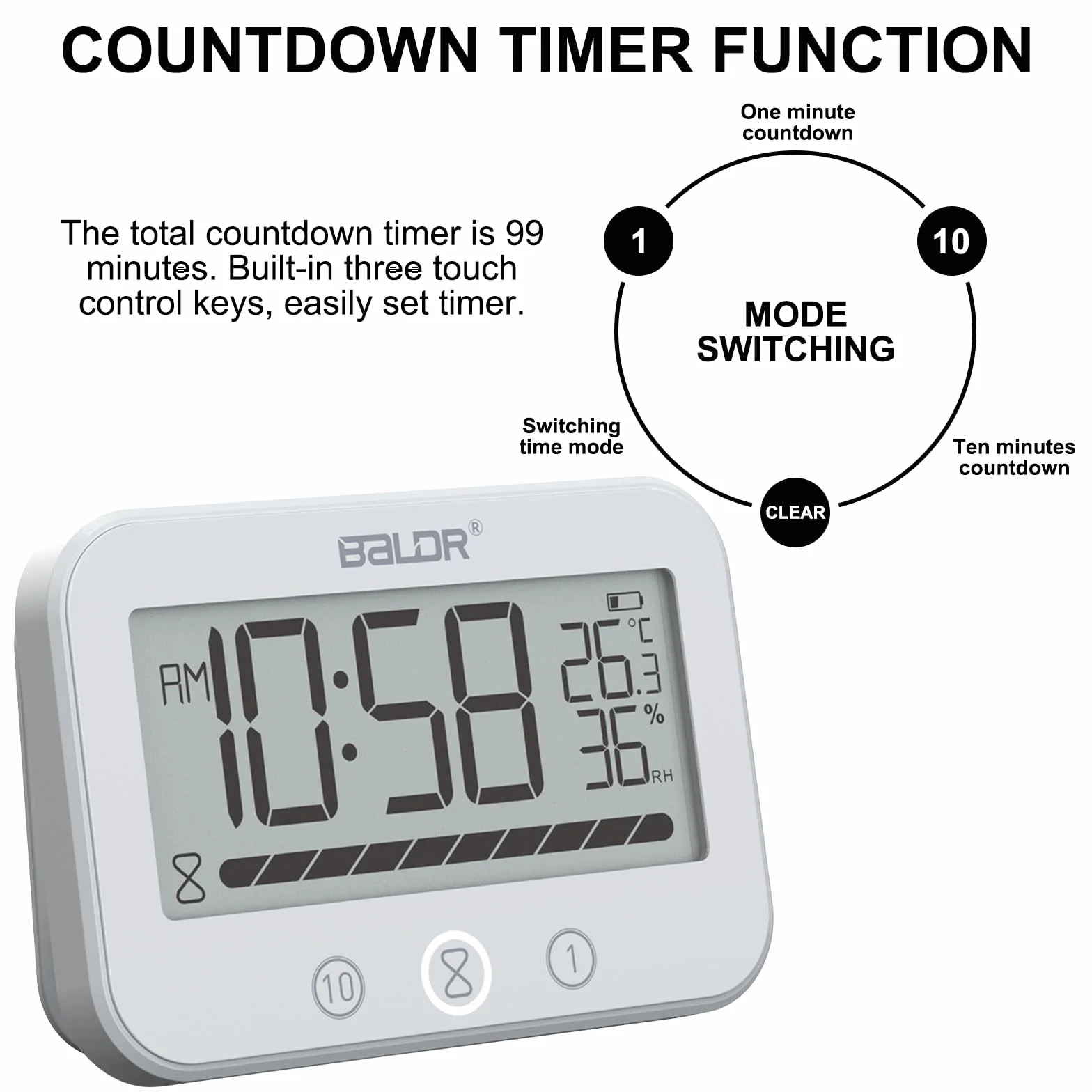 Cyfrowy zegar łazienkowy IP54 z temperaturą i wilgotnością, 99-minutowy timer LCD z alarmem