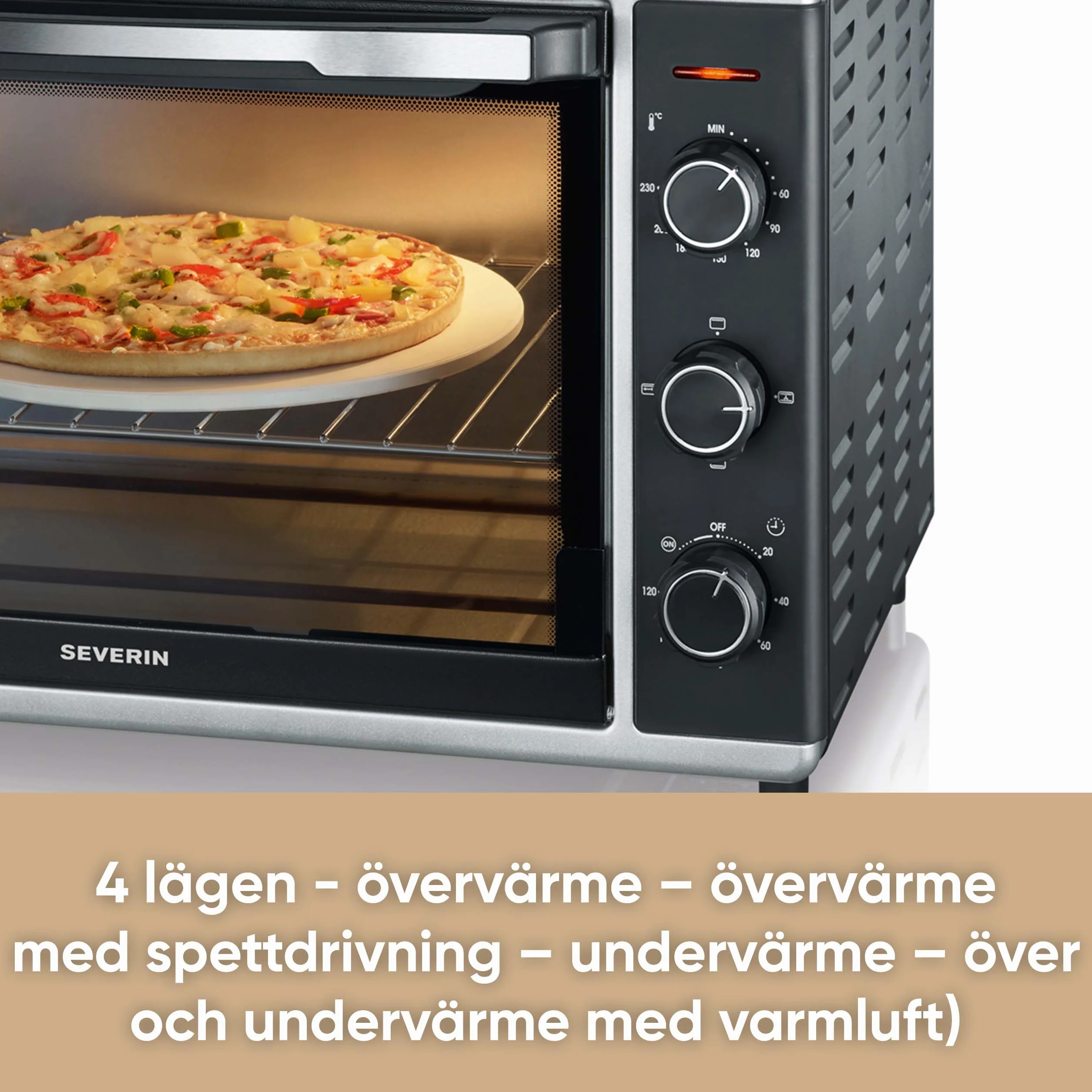 SEVERIN Piec do pieczenia i tostów z funkcją termoobiegu, mini piekarnik z rusztem do grillowania, blachą do pieczenia, rożnem obrotowym i kamieniem do pizzy, uniwersalny piec na gorące powietrze o