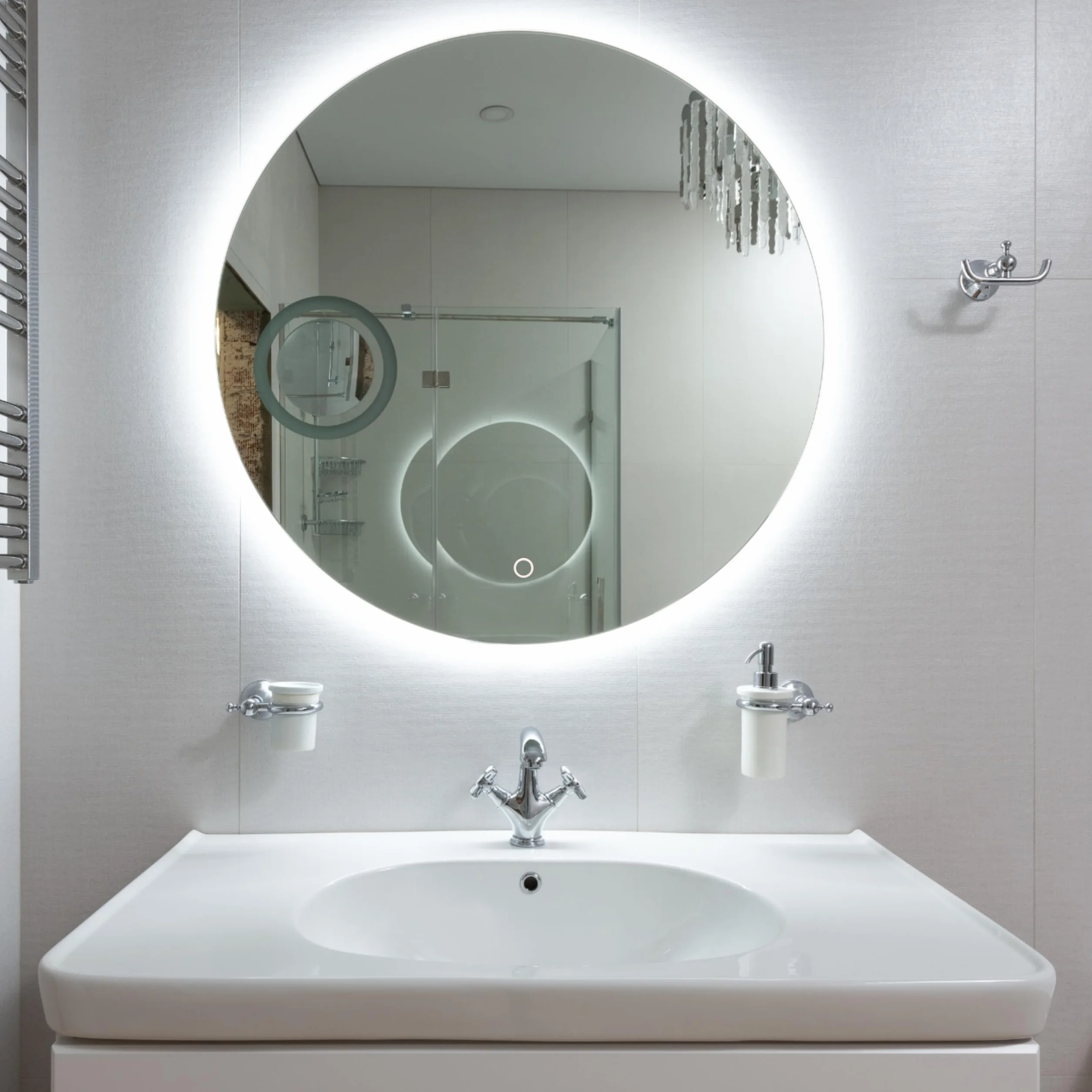 Okrągłe Lustro Ścienne LED z Panelem Dotykowym 3 Kolory Światła Kryształ 100x100x3cm