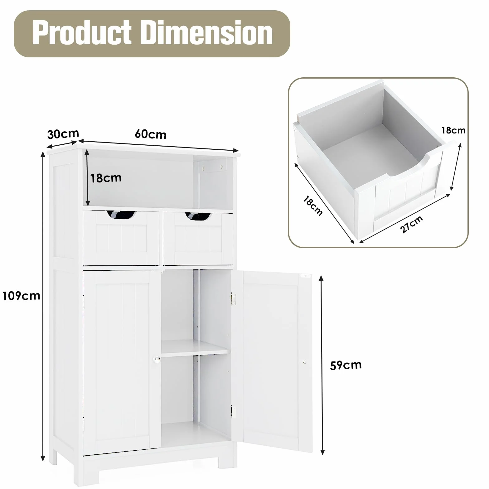 KOMFOTTEU Szafka łazienkowa 2 szuflady 2 szafki drzwiowe 60x30x109 cm MDF wolnostojąca biała