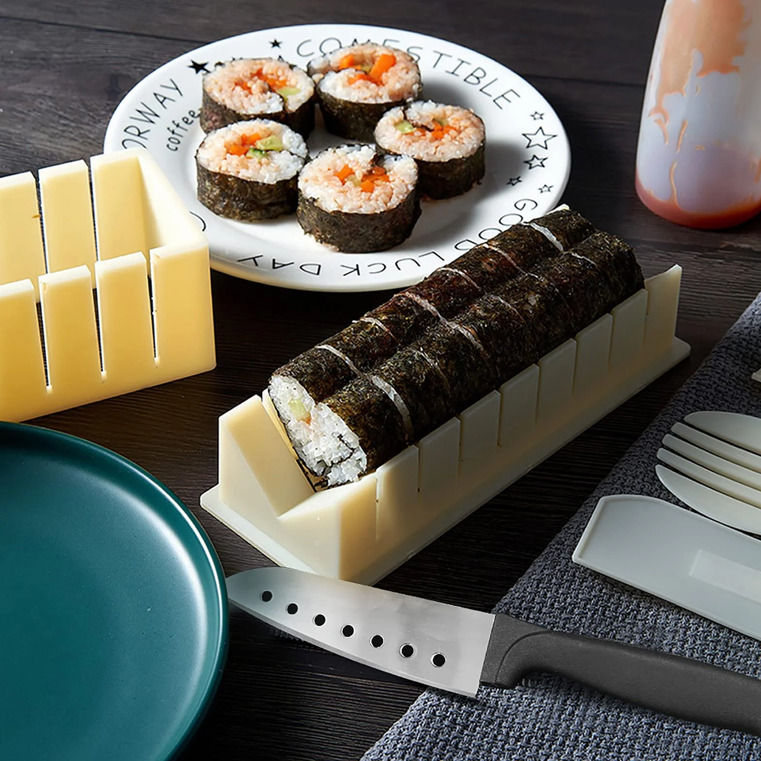 Zestaw do Sushi 12 Elementów dla Początkujących z Foremkami Ryżem Nożem Matą Biały