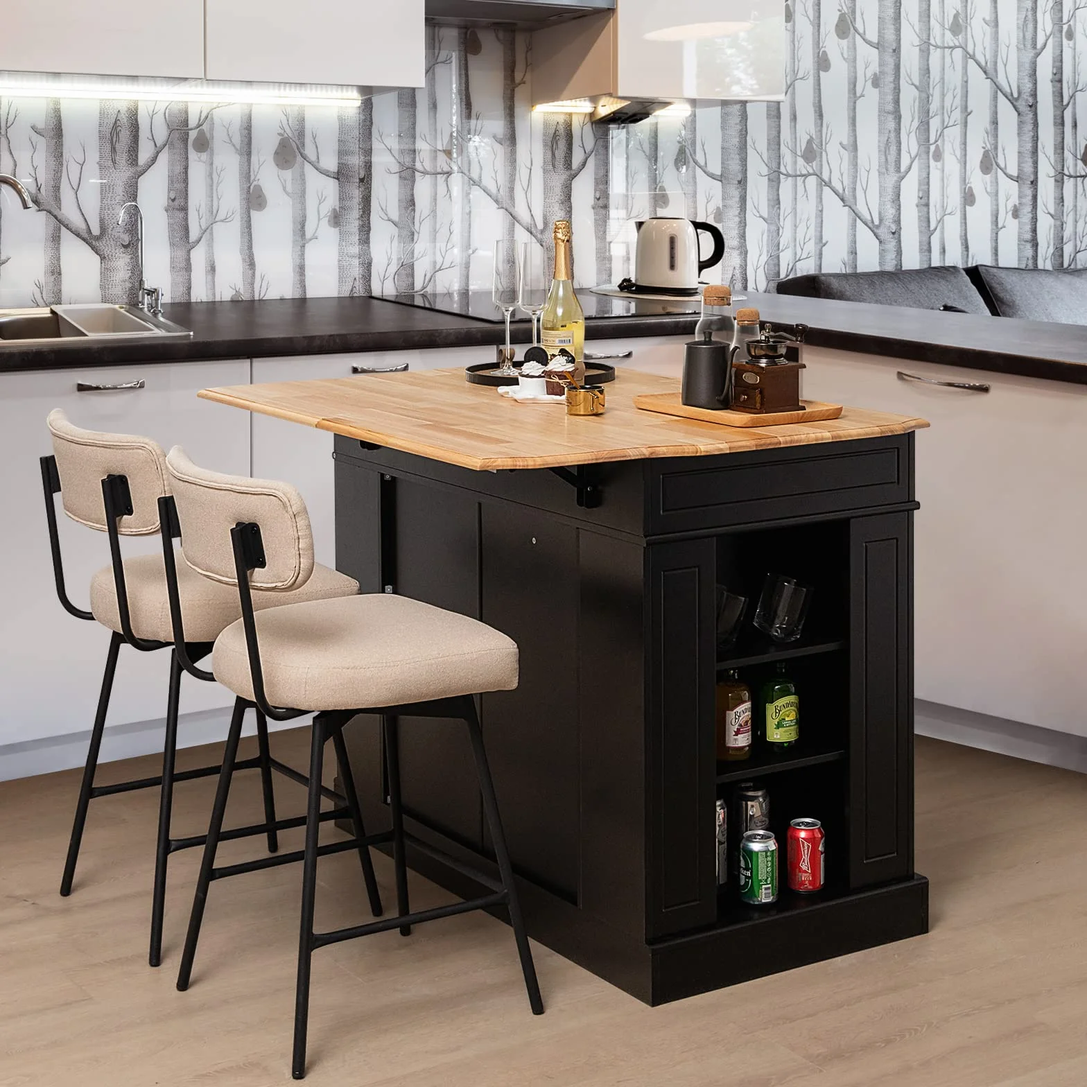 COSTWAY Wyspa kuchenna z rozszerzalnym blatem roboczym, szafka z szufladami i półkami, drewno, 120 x 91 x 92 cm, czarna