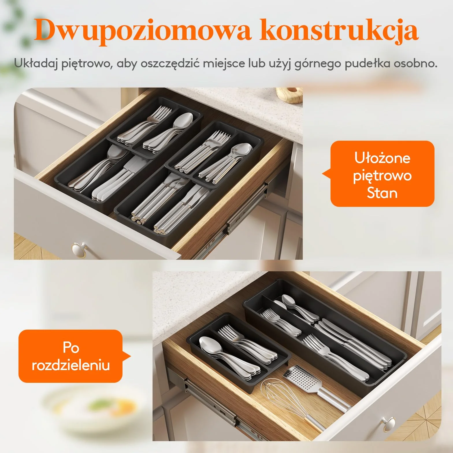 Lifewit 2 szt. kompaktowy pojemnik na sztućce, 42 x 14,5 x 6 cm, szuflada z 4 półkami i koszem na sztućce, kolor czarny