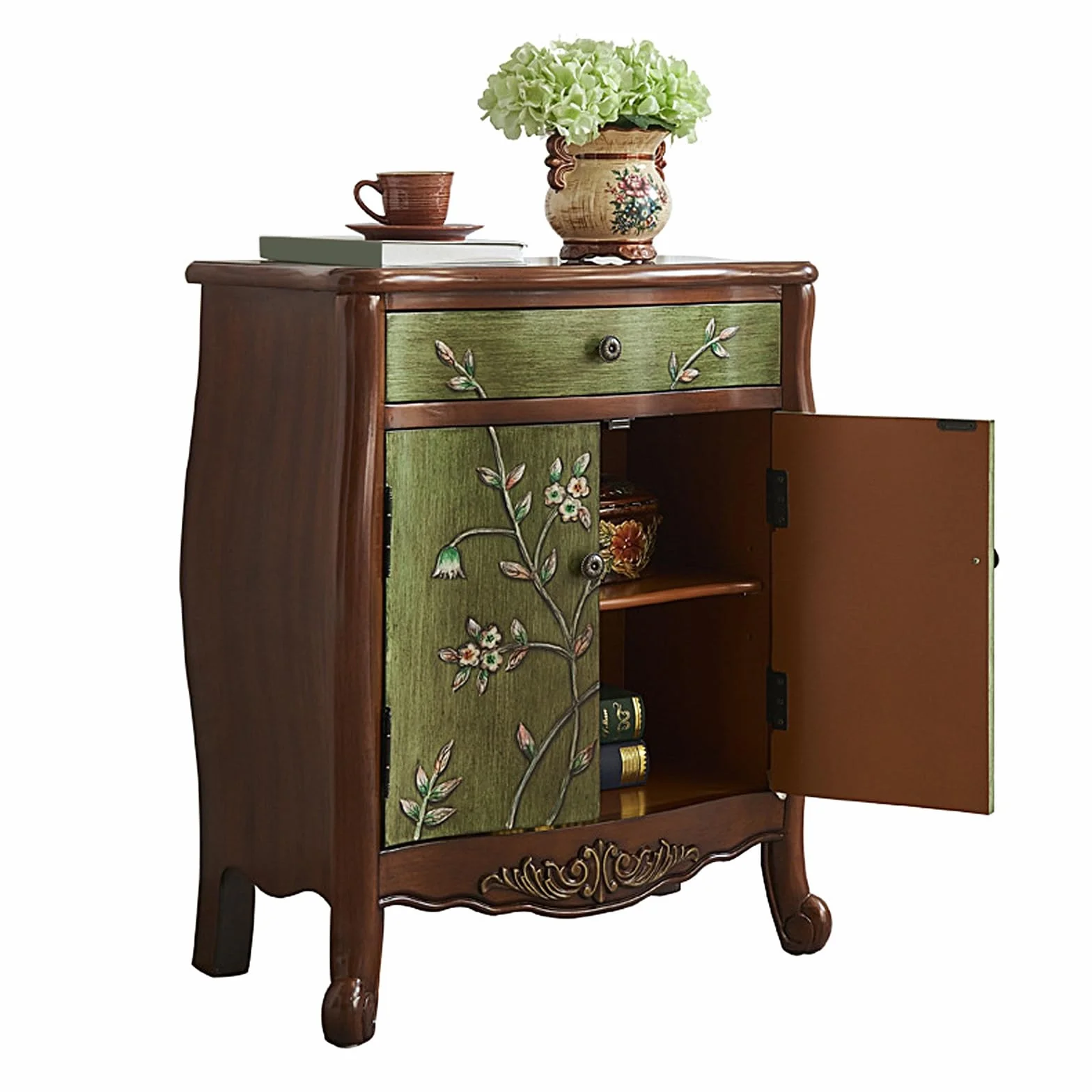 Szafka na Biżuterię z 1 Szufladą i 2 Drzwiami Drewniana Szafka Boczna Szafki do Sypialni Meble Malowane w Stylu Retro (Orzech i Zieleń, 66 * 33 * 77.5cm)