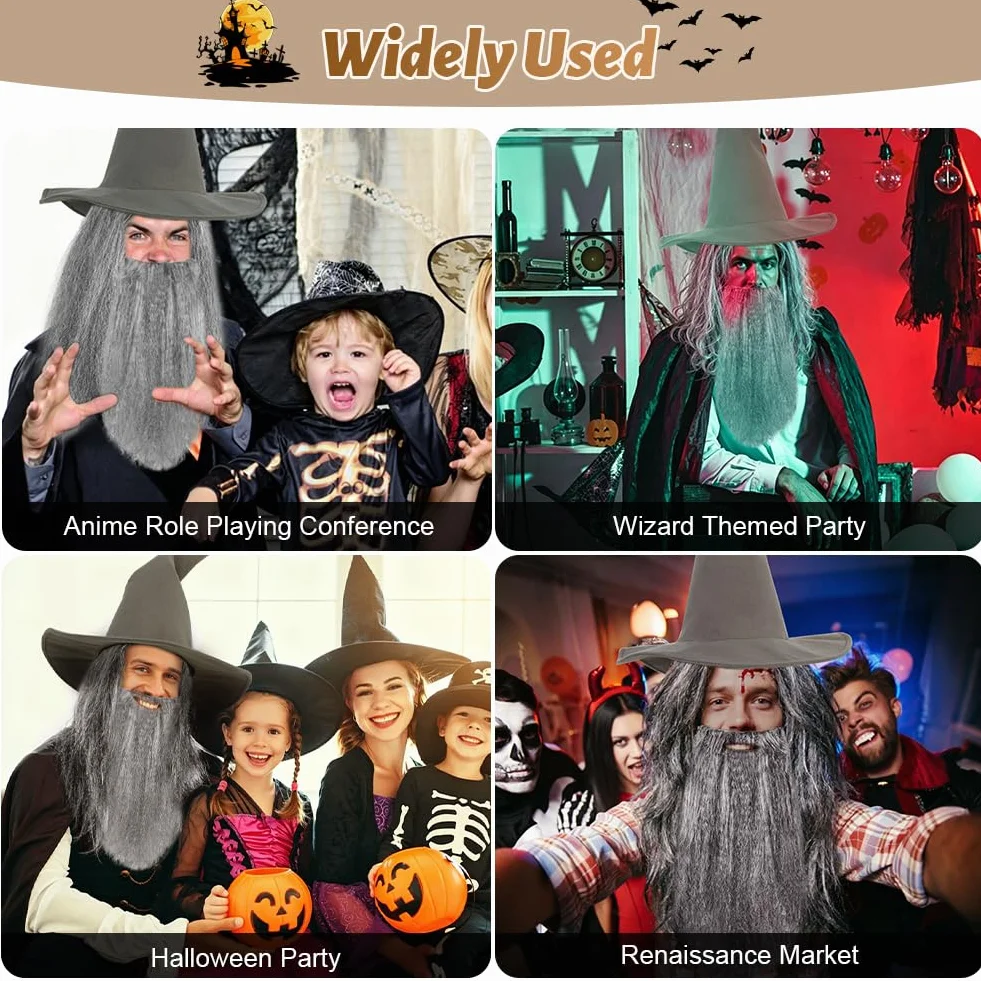 Kostium średniowiecznego czarodzieja, kostium czarnoksiężnika, kostium dorosłego szarego czarodzieja, zawiera tunikę, kapelusz i pasek, idealny na Halloween, karnawał i cosplay