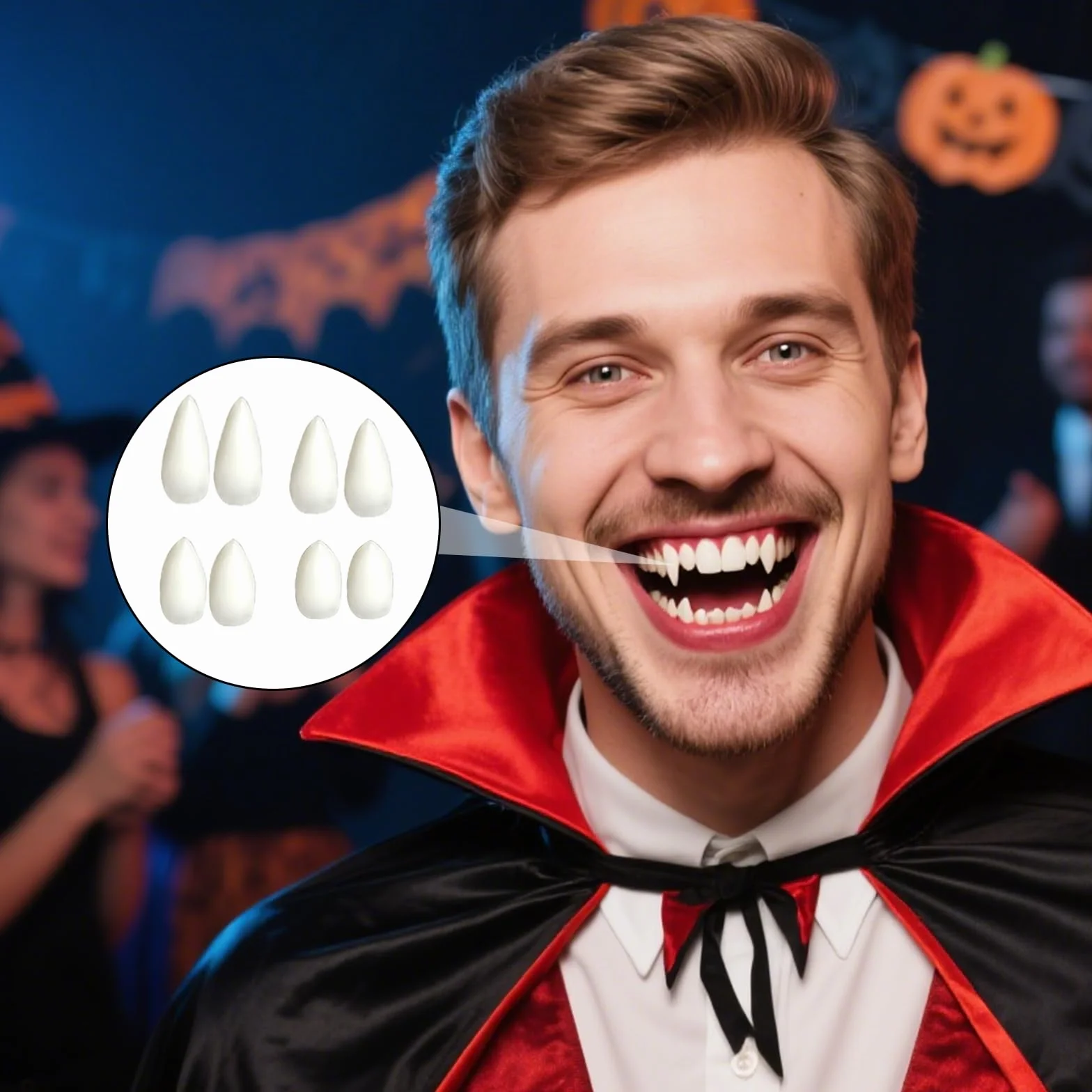 4 pary zębów wampira, Halloween sztuczne zęby wampira, protezy zębowe z klejem w granulkach, 4 rozmiary kłów dla demonów Cosplay, rekwizyty na Halloween, imprezę, kostium