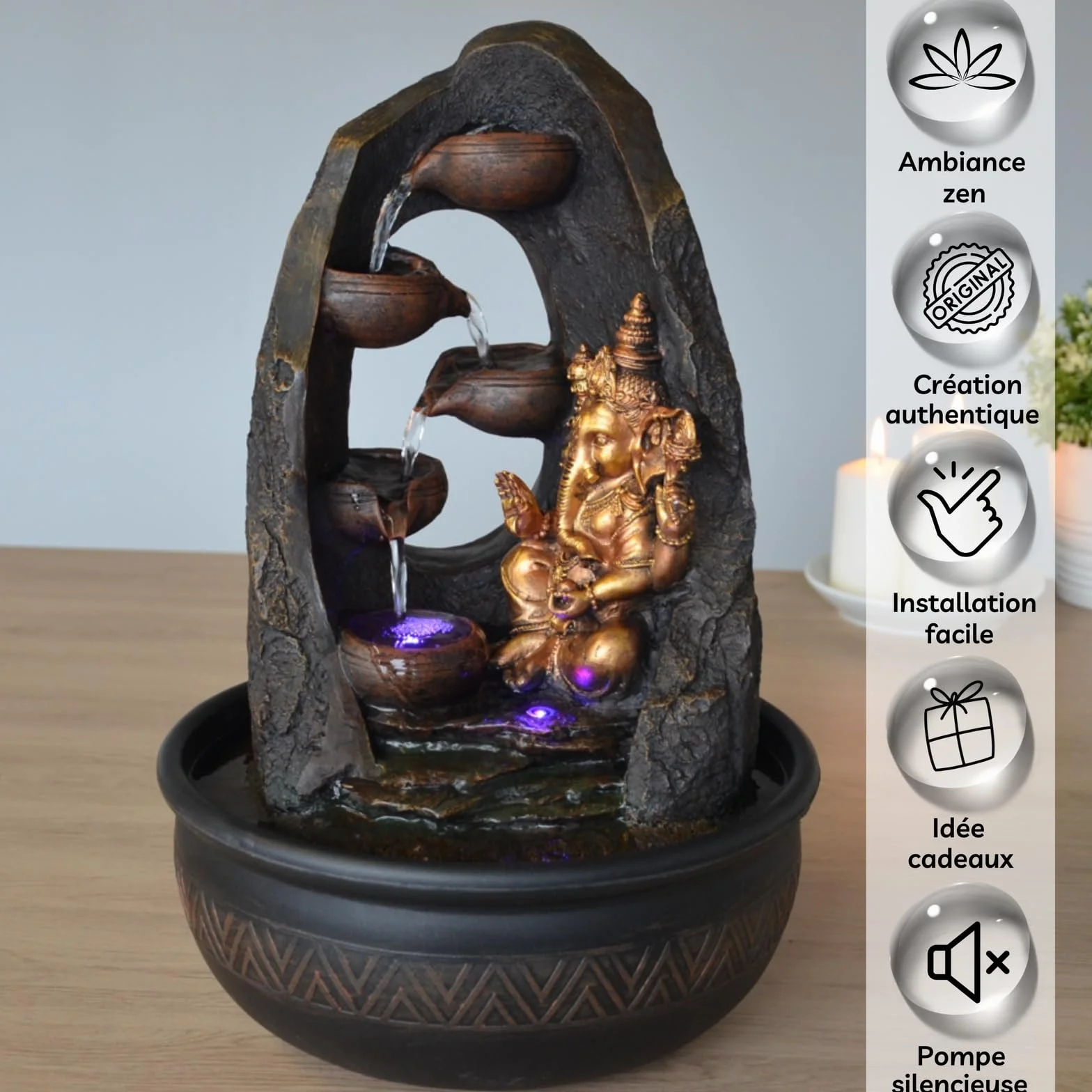Budda Ganesh fontanna wewnętrzna z kolorowym światłem LED - dekoracja Feng Shui Zen - wspornik łóżka - wys. 40 cm - Mystic Zen'light