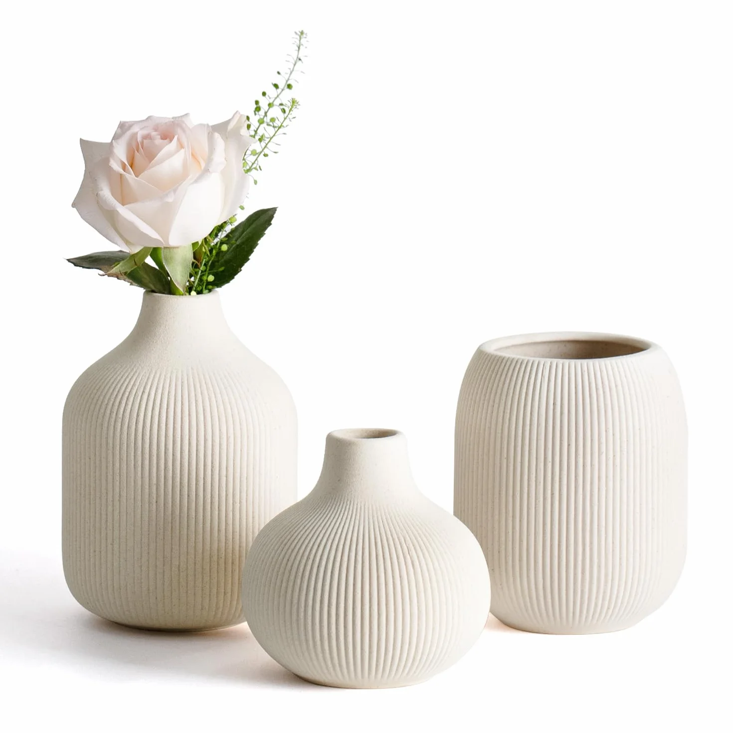Dnnnii Zestaw 3 wazonów ceramicznych w nowoczesnym beżowym wykonaniu z prążkowaną fakturą, idealny do neutralnego i przejściowego wystroju domu - kolekcja dekoracyjnych minimalistycznych wazonów