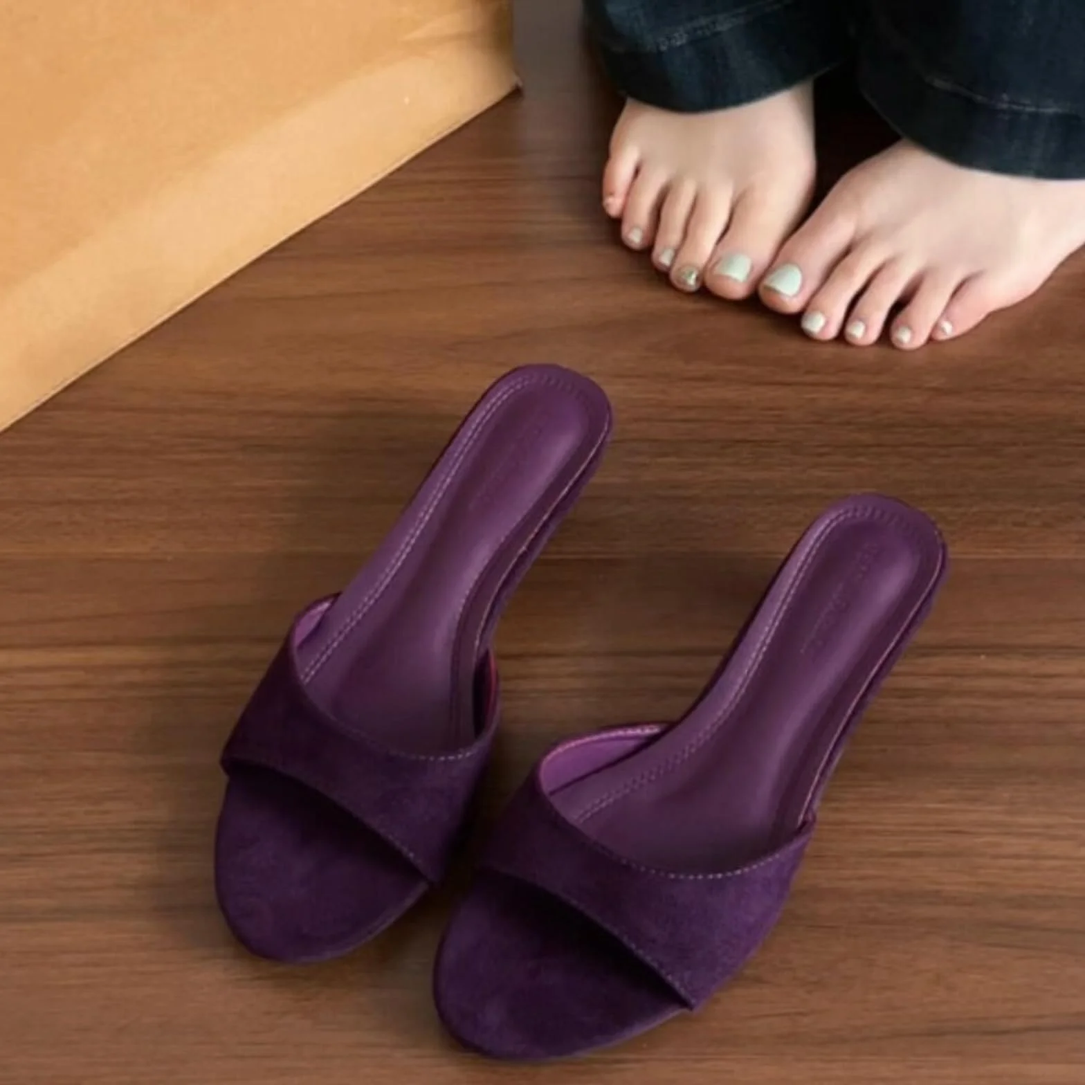 Damskie kapcie mule obcas kotek z rumianku, ślizganie się po slajdach eleganckie na co dzień, letnie wakacje plaża impreza sukienka buty dla kobiet-apricot-39