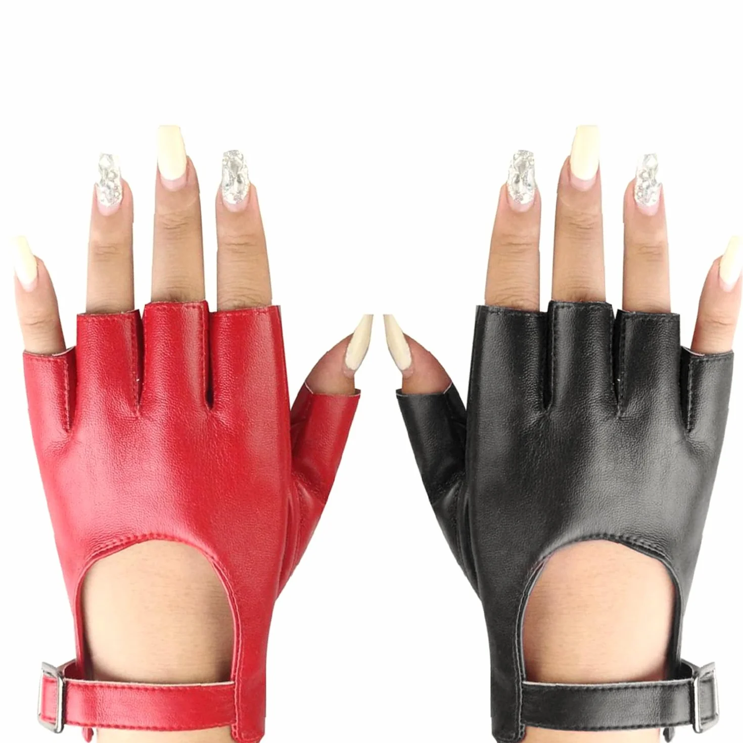 2 pary Rękawiczki pół palca Punk Style Pu skórzane rękawiczki proste modne akcesoria odzieżowe rękawice Performance (czarny, czerwony), czarne, M
