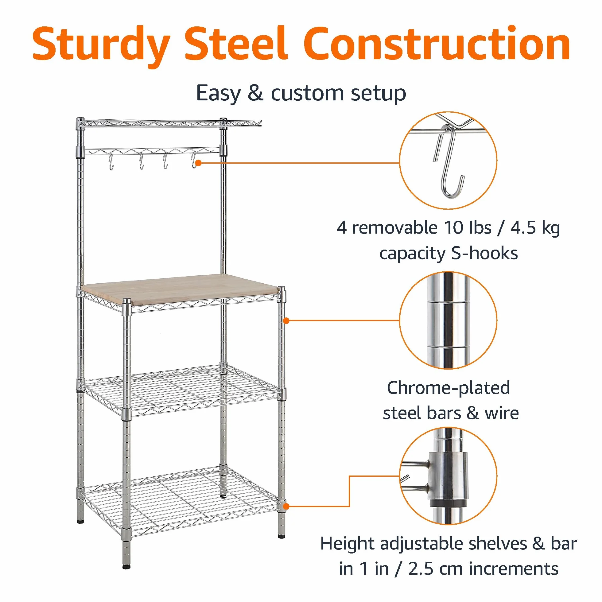 Amazon Basics półka kuchenna 3 stojak piekarski z drewnianym stołem 61 cm chrom beżowy