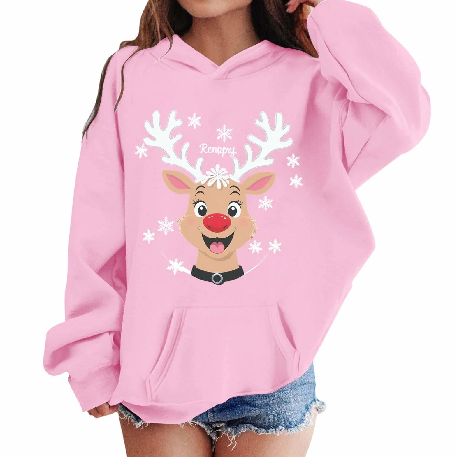 Zabawny sweter bożonarodzeniowy z kapturem, dla dziewcząt, Boże Narodzenie, renifery, bluza z kapturem, bluza z długim rękawem, na co dzień, strój bożonarodzeniowy
