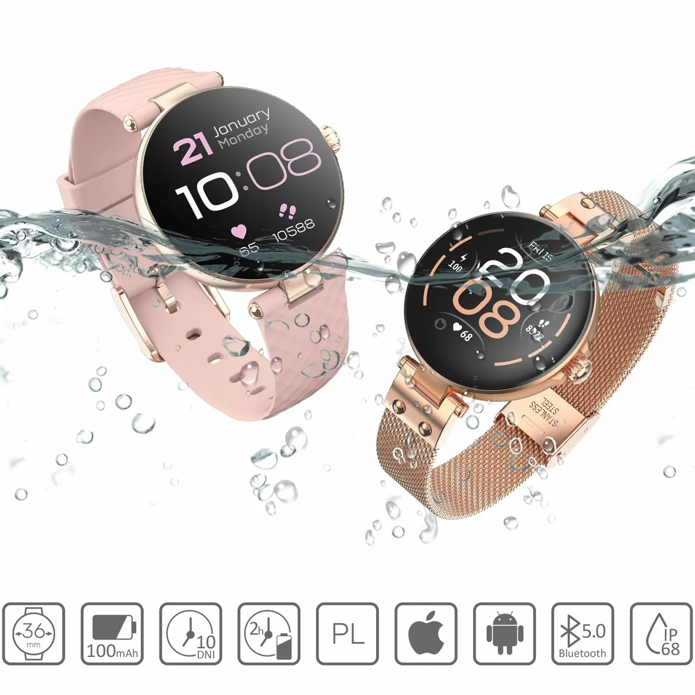 Forever Damski smartwatch ForeVive Petite SB-305 różowy, zegarek na rękę Bluetooth, sterowanie muzyką, krokomierz, pulsometr, wodoodporny IP68, elegancki zegarek fitness