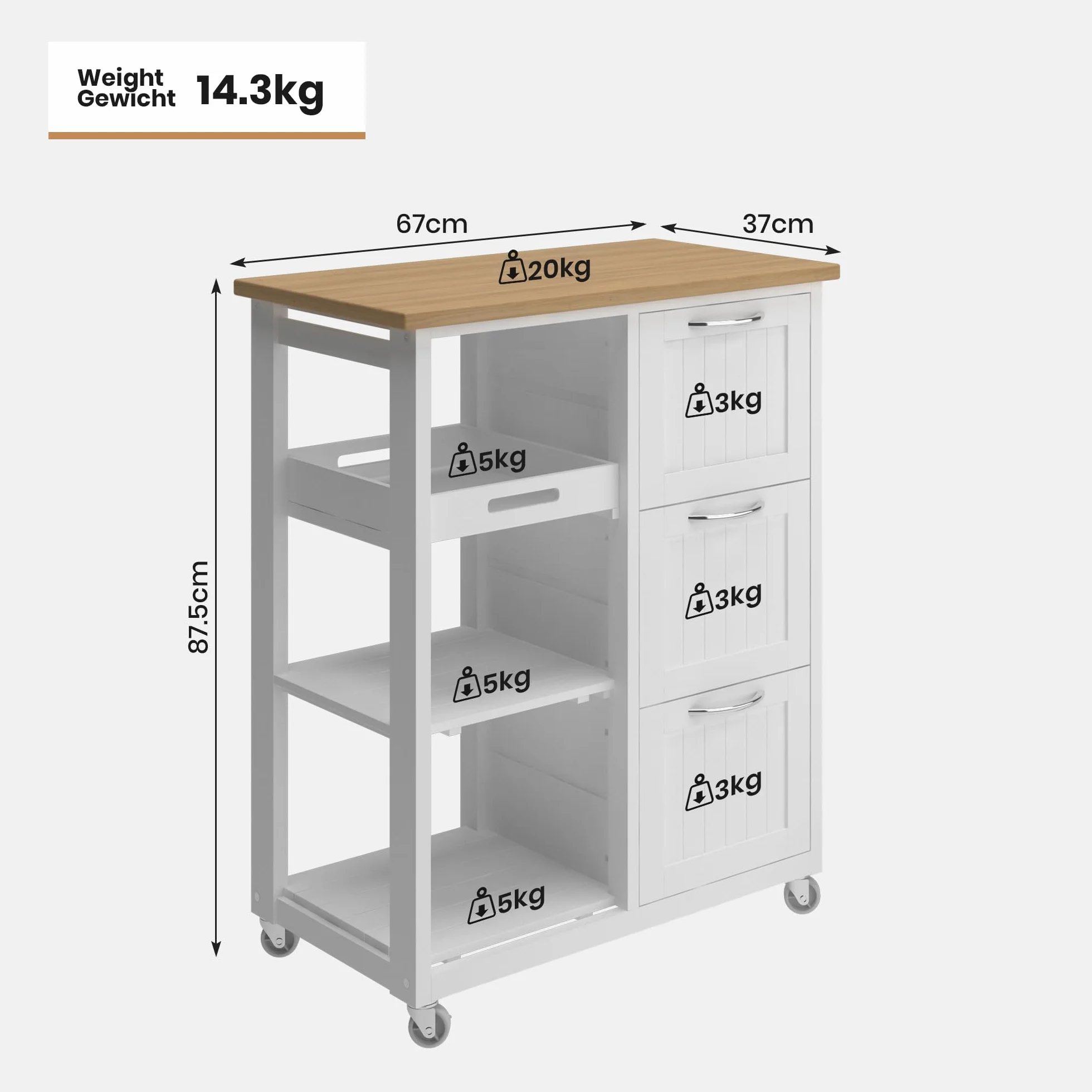 MIADOMODO® Wózek kuchenny z 3 szufladami, blat roboczy, drewno/MDF, biały 67x37x87 cm