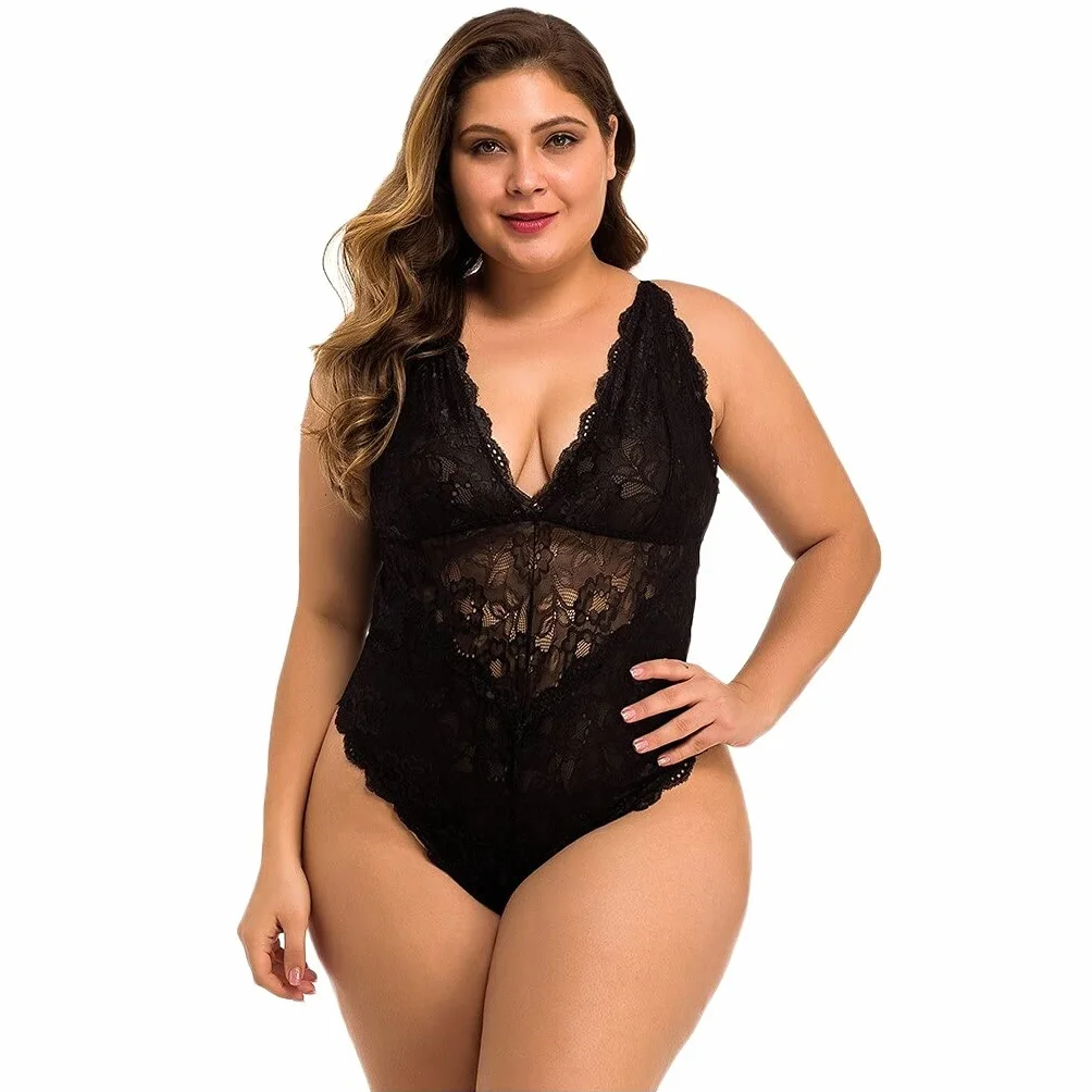 TOMYEUS Bielizna erotyczna damska koronkowa plus size dekolt w serek bez pleców seksowna bielizna body w jednolitym kolorze dla kobiet (kolor: czarny, rozmiar: 3XL)