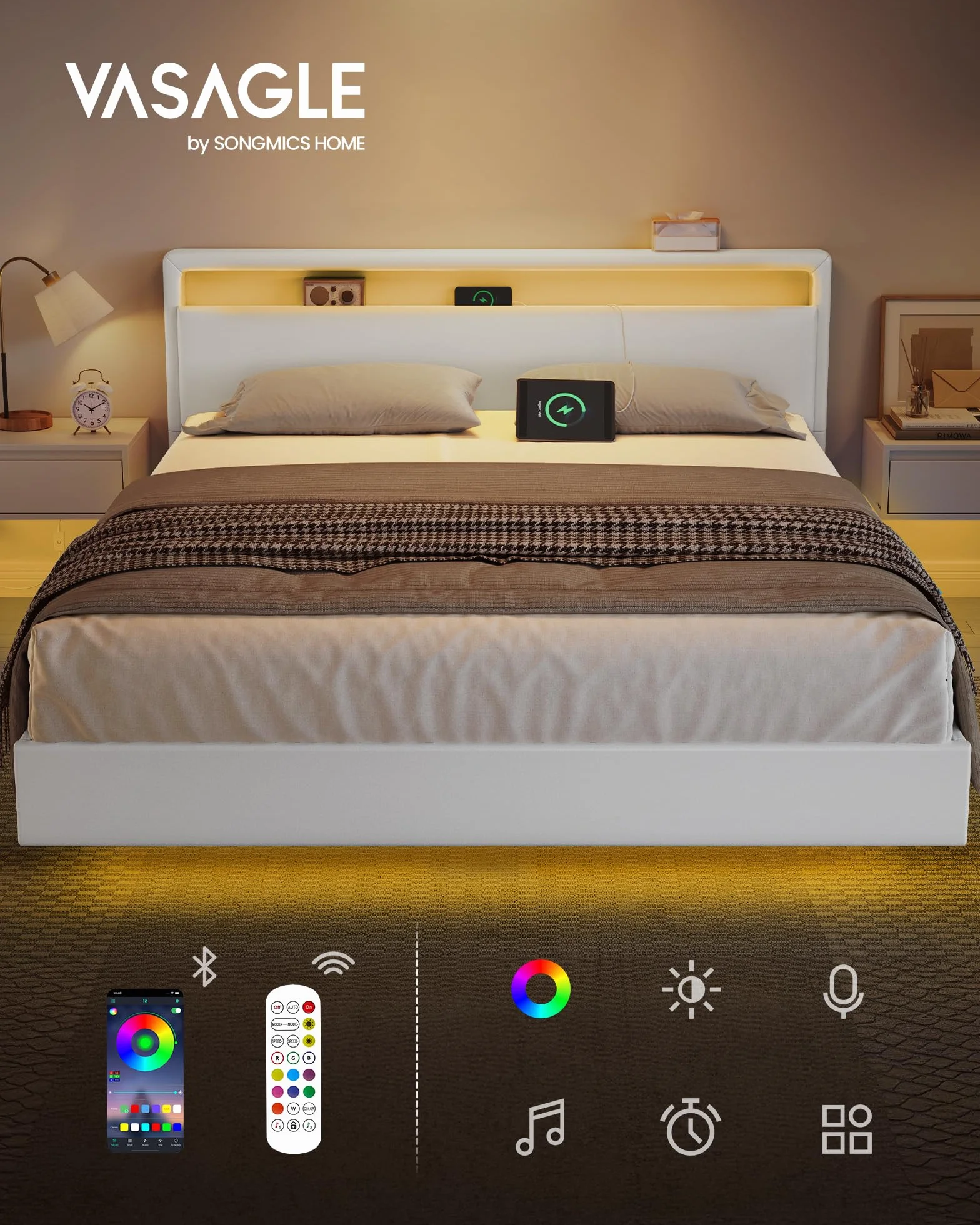 VASAGLE Łóżko podwójne 160x200 cm z oświetleniem LED, wysoki zagłówek, gniazda, biały RMB865W01