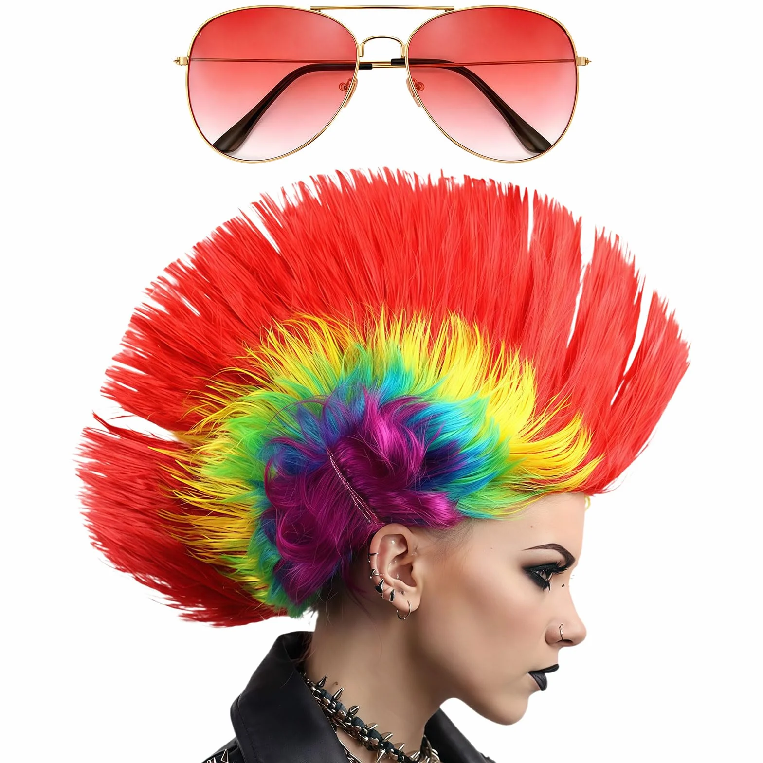 Punk Mohican Wig, śmieszne sztuczki, lata 80-te Rocker śmieszne igi ze okularami przeciwsłonecznymi, Dress up Wigs, Kostium Rocker Fancy Accessories na festiwale muzyczne imprezy specjalne