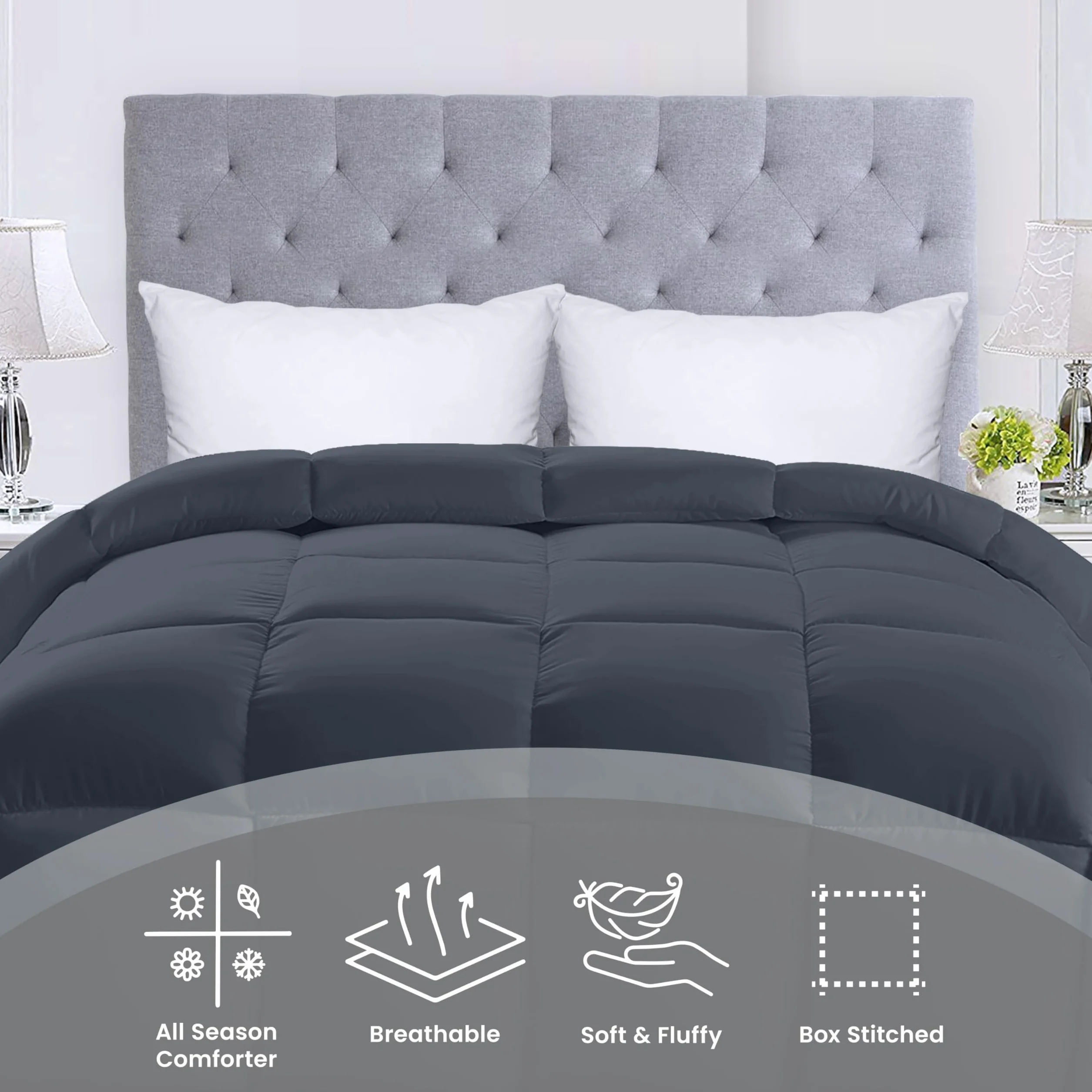 Utopia Bedding Queen Size Comforter Down Alternative Box Stitched Duvet Insert Machine Washable Grey