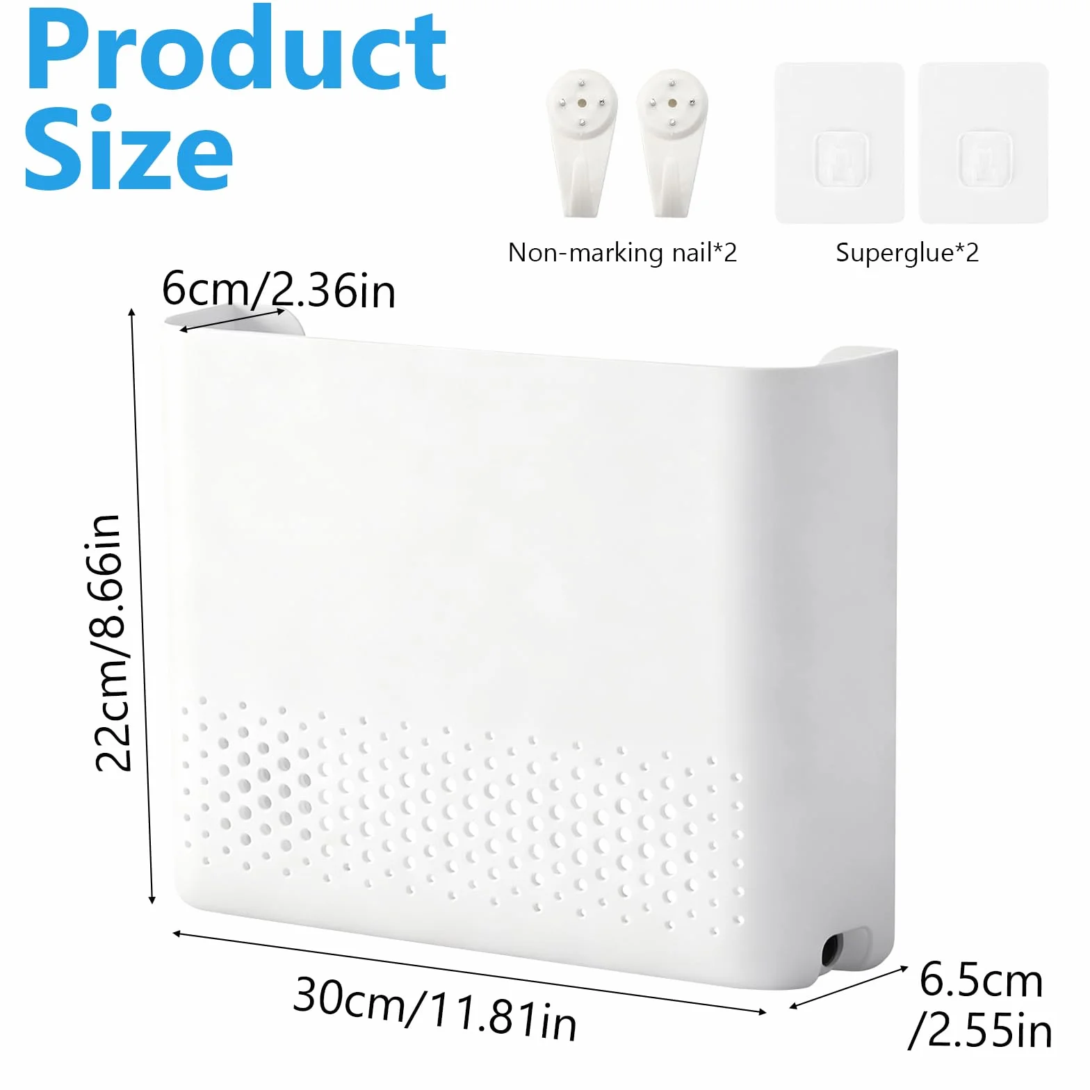 Szafka routerowa, ukryta skrzynka Wi-Fi 30 x 22 x 6,5 cm, uchwyt ścienny, stojak WiFi z klamrą klejącą i bezśladowym gwoździem, kolor biały