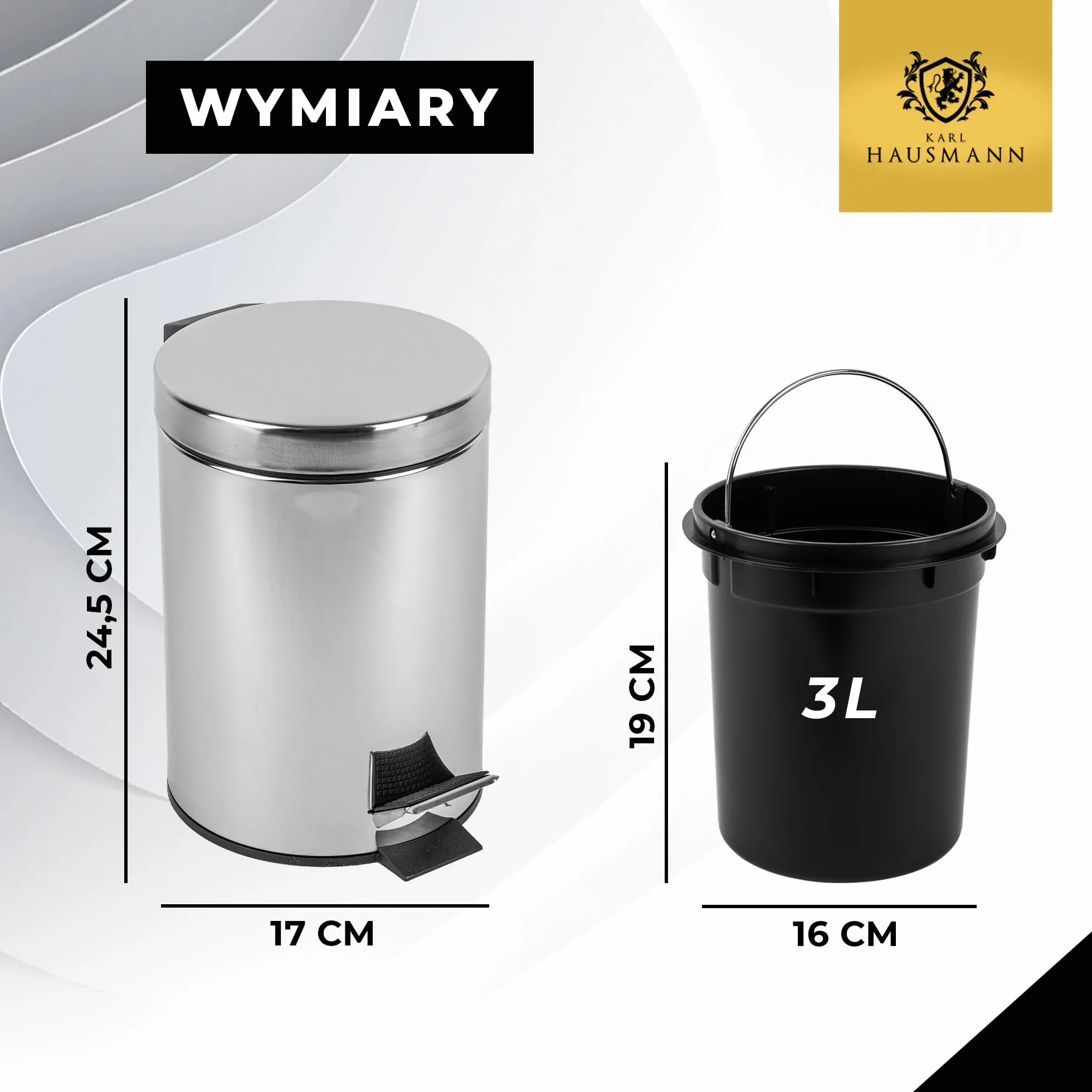 KARL HAUSMANN Metalowy Kosz na Śmieci - 3L - z Pokrywą i Pedałem - Stal Nierdzewna - Wyjmowany Wkład - Antypoślizgowa Podstawa - Do Łazienki i Kuchni - Elegancki Design
