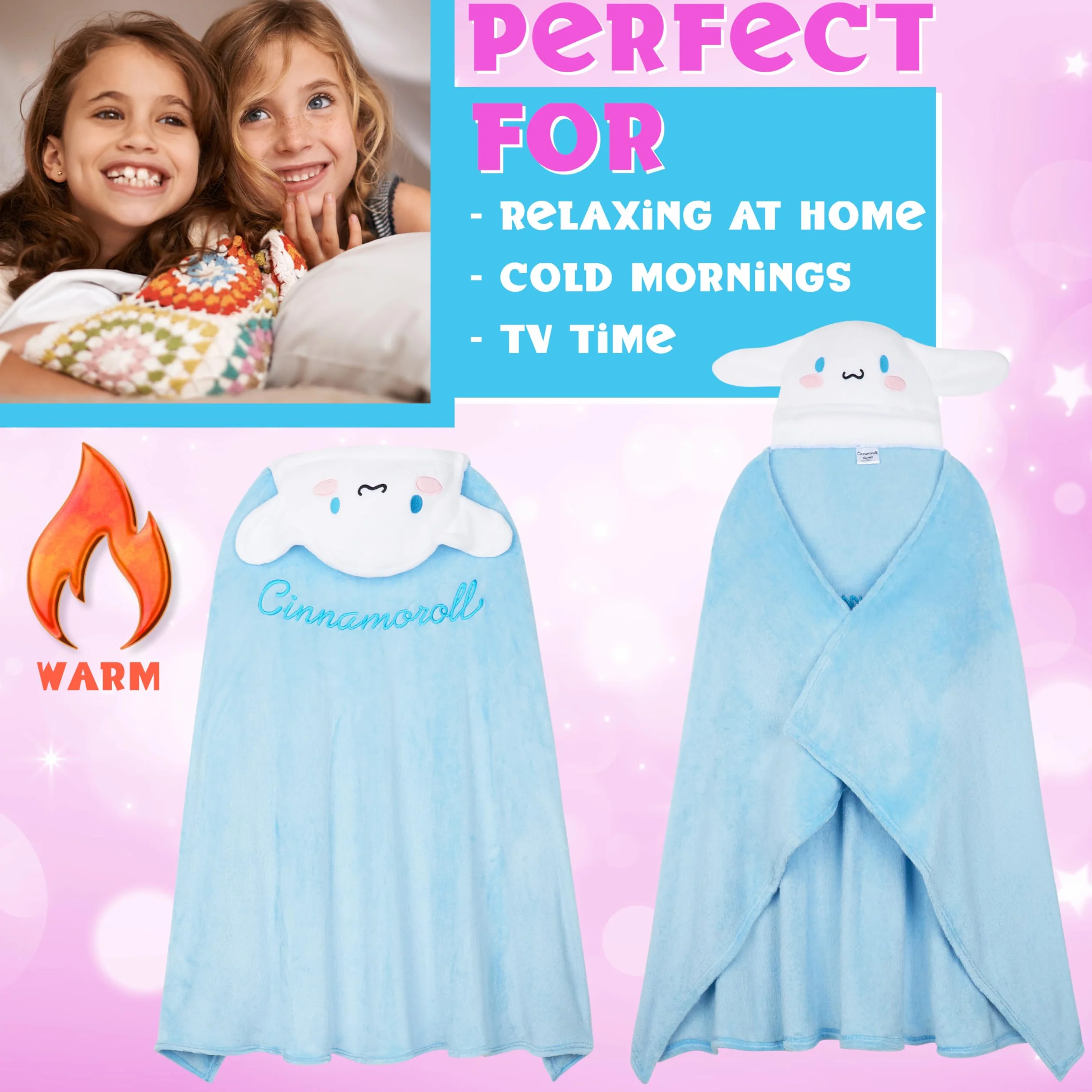 Hello Kitty Sanrio Koc z kapturem dla dziewcząt i nastolatków, Kuromi Cinnamoroll, ciepły i miękki koc polarowy, do przytulania, Kawaii Anime Gift (Cinnamoroll)