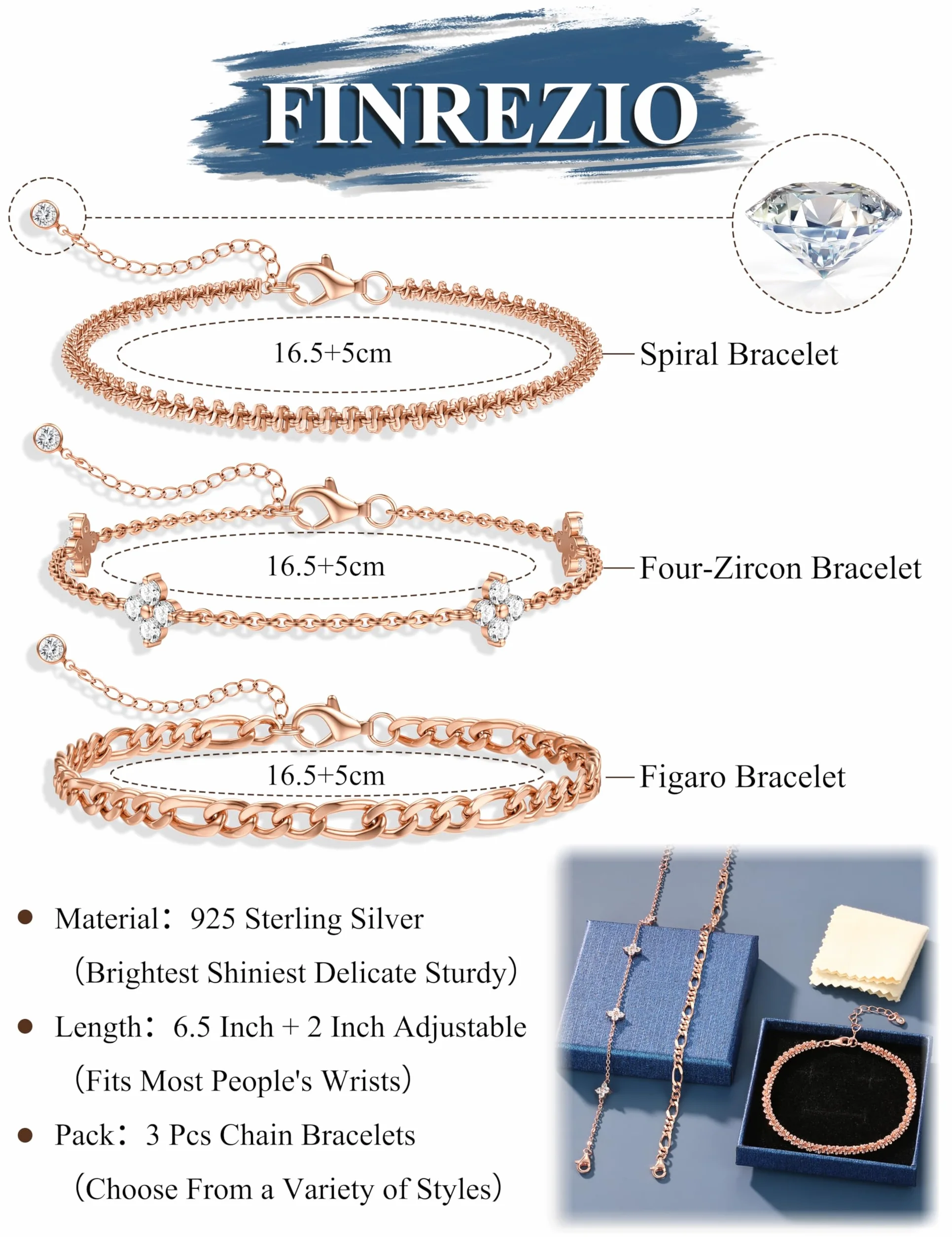 Srebrne bransoletki damskie Figaro 925, złocone 14k, z cyrkonią, srebrny/złoty/różowe złoto, zestaw 3 sztuk