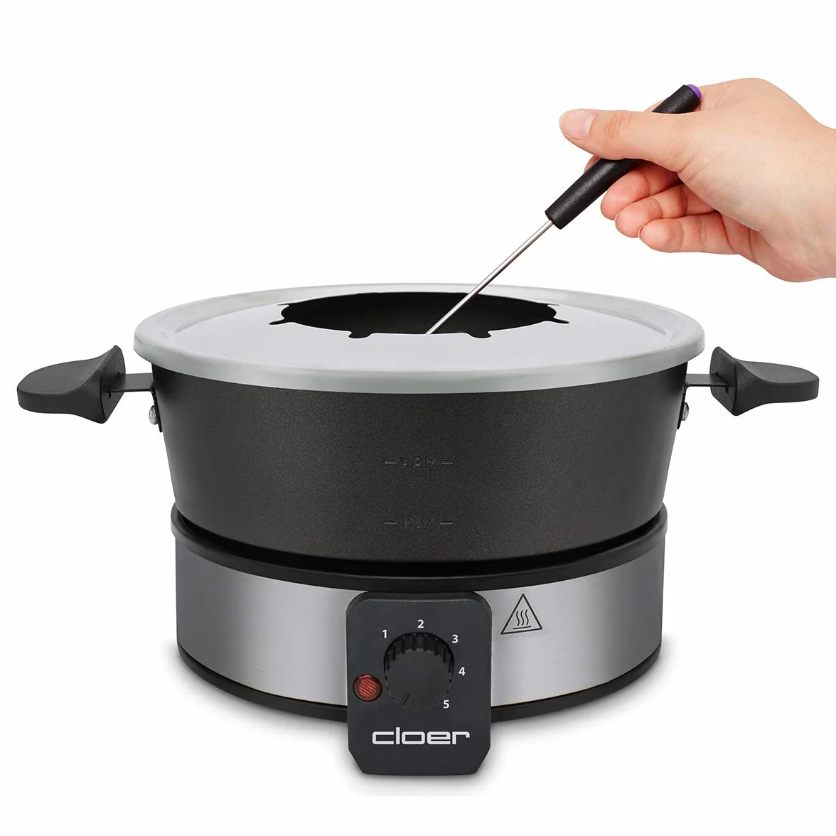Cloer 6679 fondue dla 8 osób, powlekany garnek aluminiowy, łącznie z ochroną przed pryskaniem, 8 kolorowymi widelcami 1,5 litra, 1000 W, srebrny, czarny