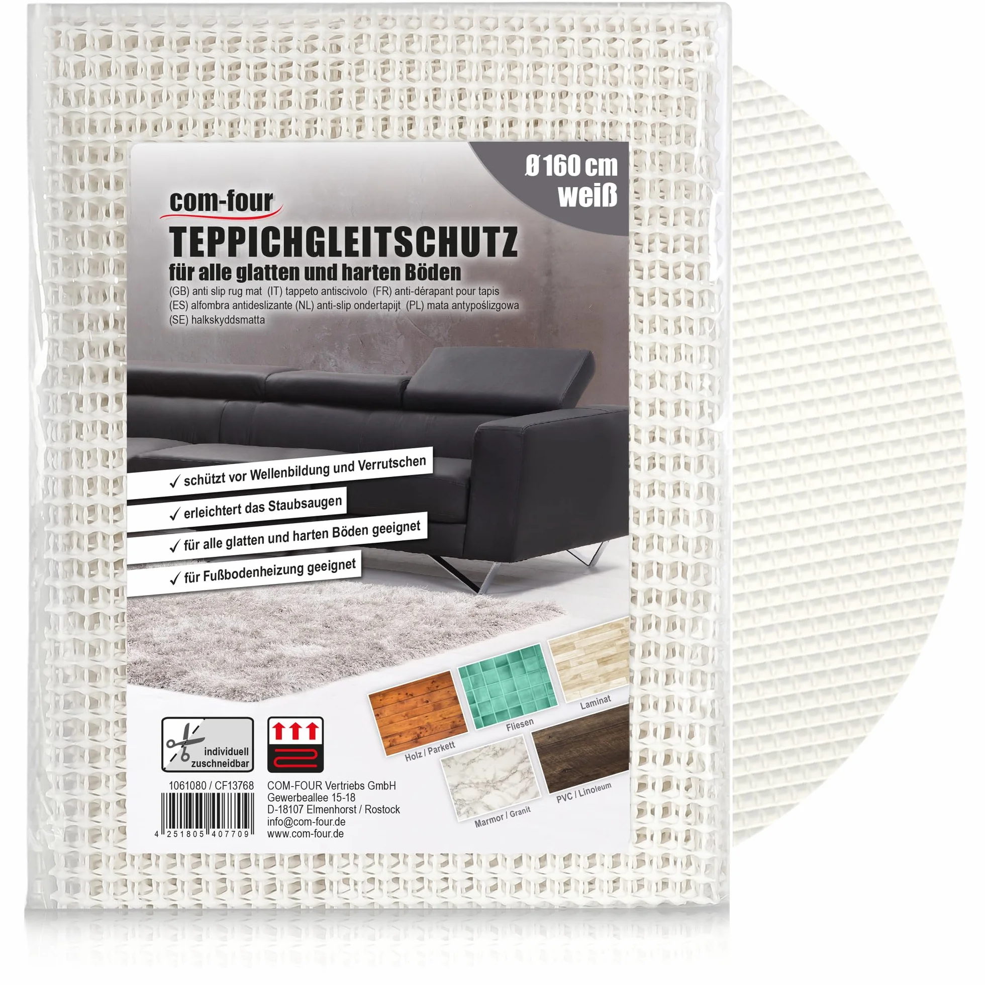 COM-FOUR® mata antyposlizgowa do dywanów, tapicerki, obrusów - podklad pod dywan Ø 160 cm - ogranicznik dywanu - mata antyposlizgowa samoprzylepna w kolorze bialym - mata