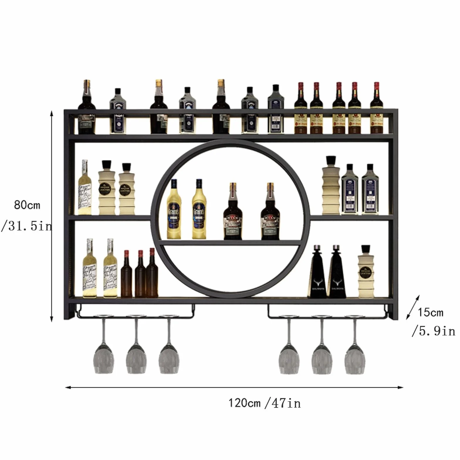 Metal Floating Wall Wine Shelf with LED Light and Wine Glass Holder