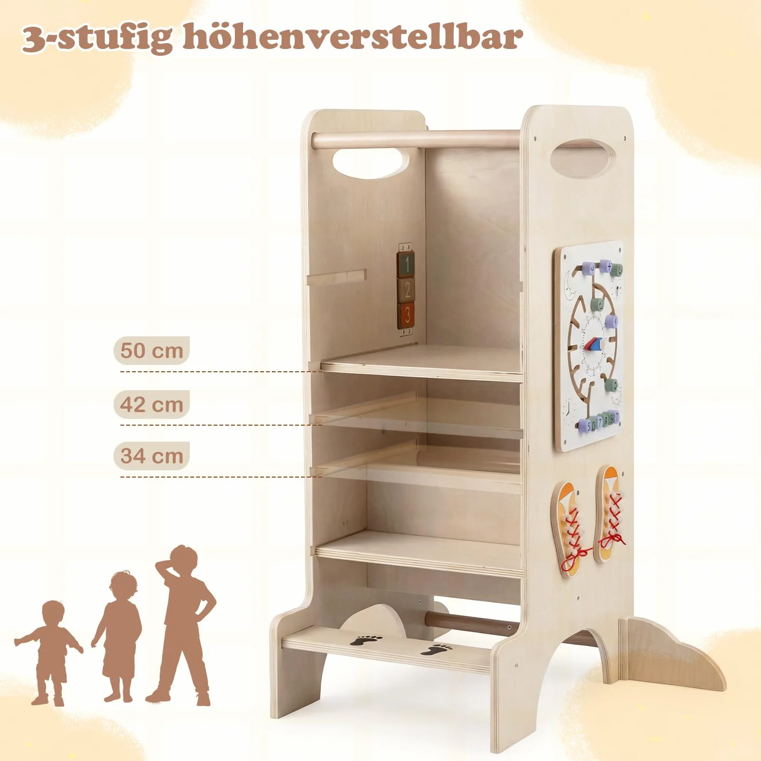 COSTWAY Wieża edukacyjna 4 w 1 z drewna bukowego, taboret Montessori z regulowaną wysokością