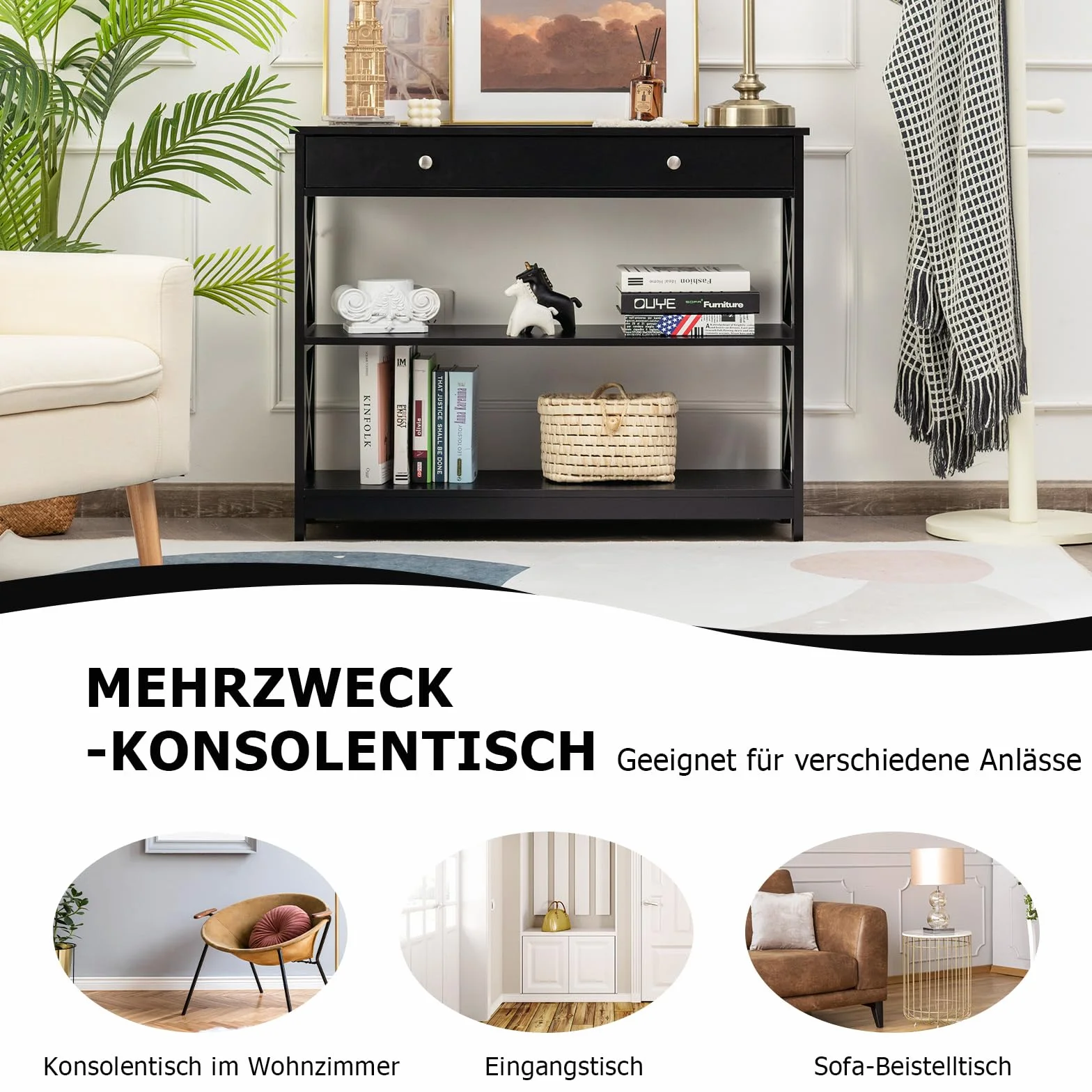 GOPLUS Stolik konsolowy wąski z szufladą i półkami drewniany 100x30x80 cm czarny