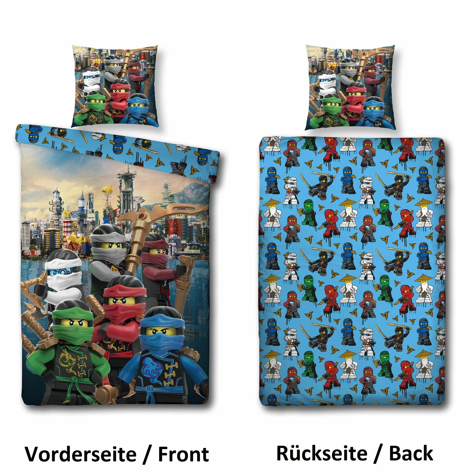 Lego Ninjago komplet pościeli dla chłopców 135x200 80x80 cm 100% bawełny zamek błyskawiczny motyw Assemble