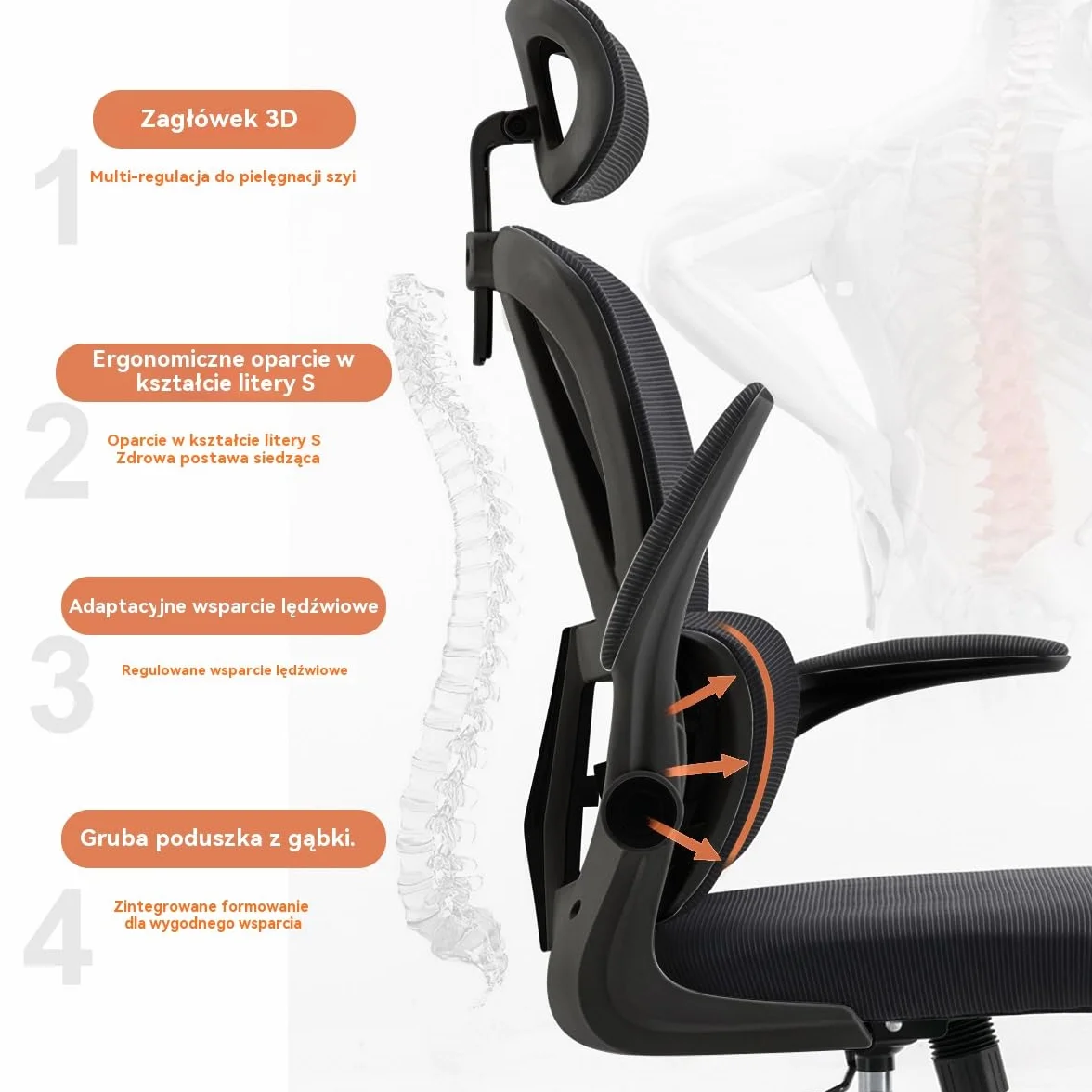 Ergonomiczne Krzesło Biurowe - Czarny | Regulowane Krzesło Biurowe z Wysokim Oparciem z Siatki,Wsparciem Lędźwiowym,Podłokietnikami Odwracanymi | Do Domowego Biura,Gier,Nauki