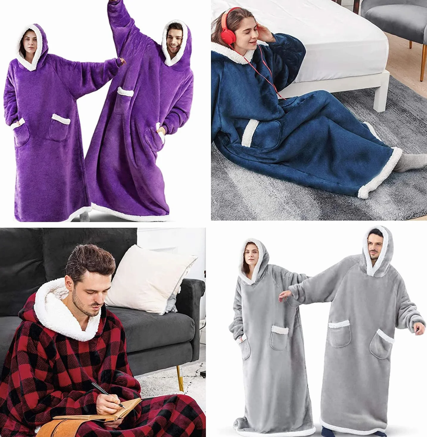 Przytulny koc z rękawami oversize z kapturem bluza Sherpa dla kobiet i mężczyzn niebieski