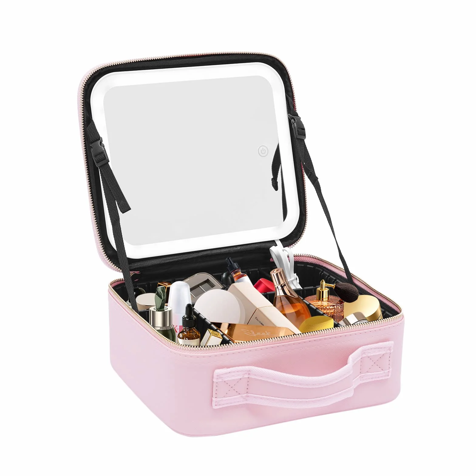 Kosmetyczka, kosmetyczka z oświetleniem w 3 kolorach, kuferek na kosmetyki z lustrem, damska podróżna kosmetyczka, pusta, 26 x 23 x 11 cm, Rosa, Nowoczesny