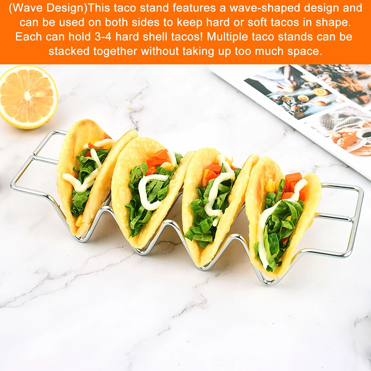 Uchwyt na taco ze stali nierdzewnej 3 sztuki z miseczkami na sos 70 ml