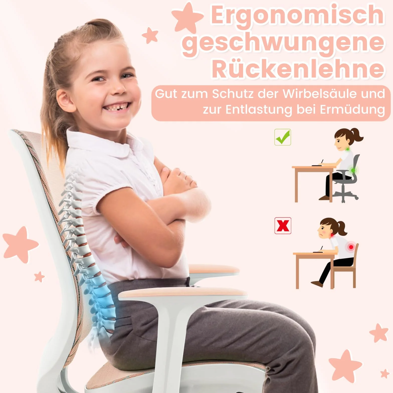 COSTWAY Dziecięce Krzesło Biurowe Obrotowe 360° z Regulacją Wysokości 43-55 cm, Ergonomiczne Krzesło Młodzieżowe z Podłokietnikami i Kółkami, Stabilne i Komfortowe