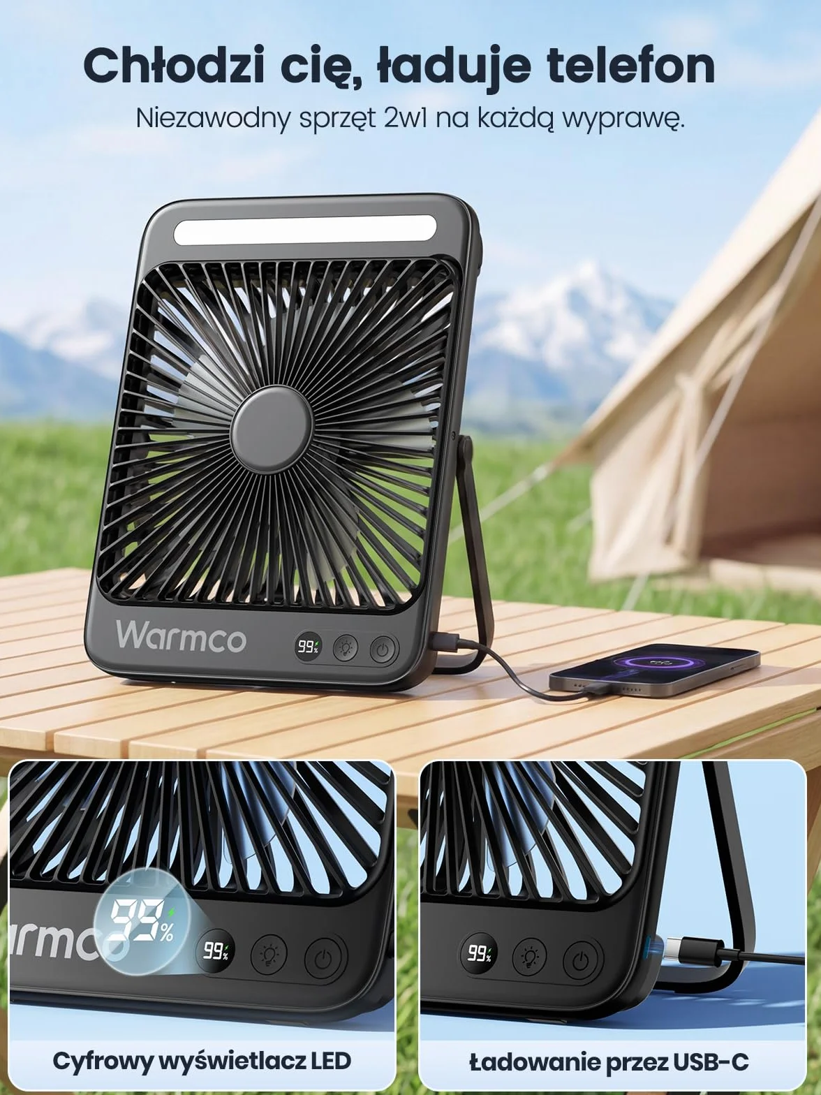 Warmco Wentylator Kempingowy 20000mAh Akumulatorowy, Płaski Wysokość 27cm z Lampką LED, Czas Pracy 48h, Przenośny Wiatrak do Namiotu, Podróży, Na Zewnątrz