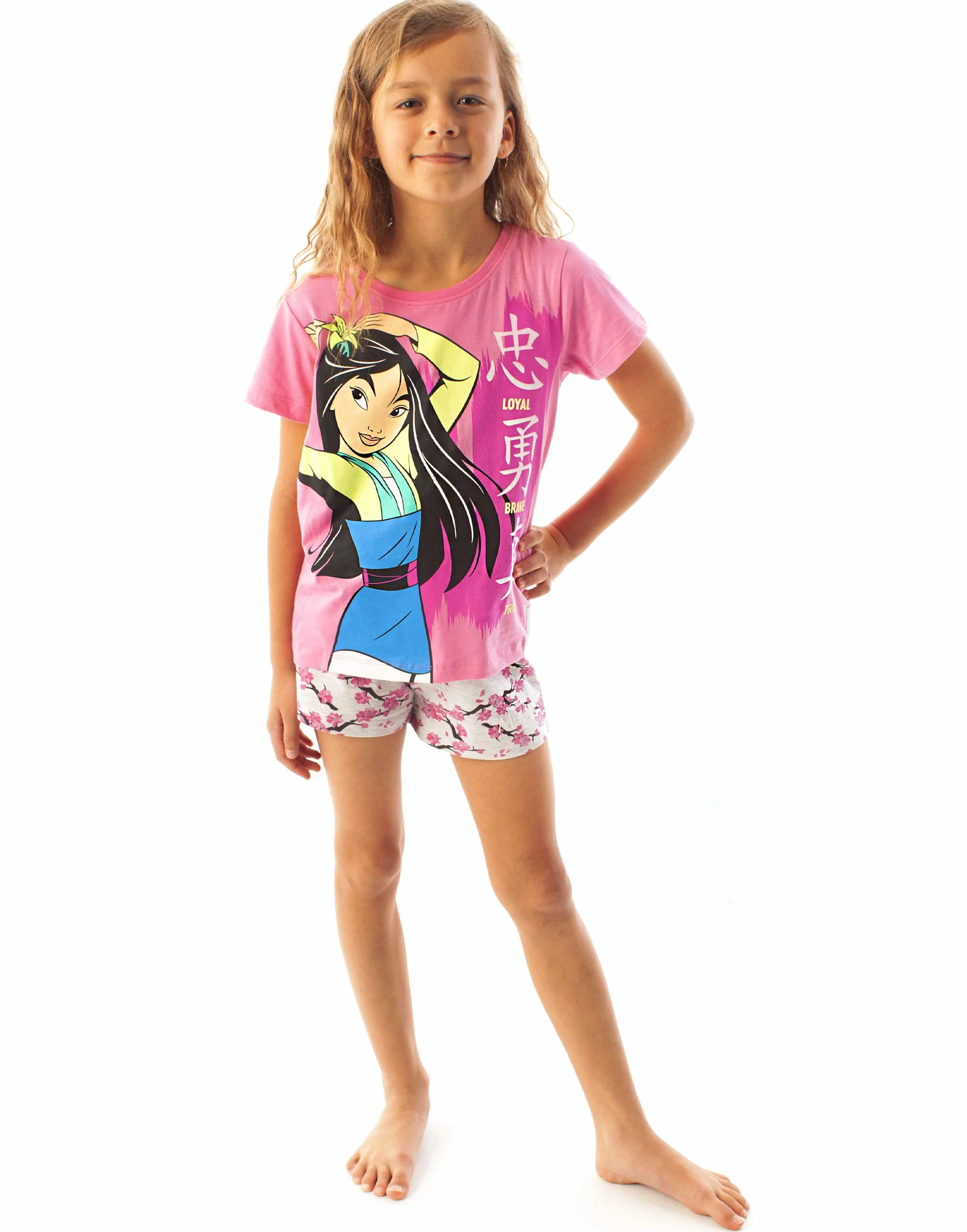 Mulan Disney piżama Loyal Brave True Girl's różowa koszulka i szorty piżamy zestaw odzieży nocnej