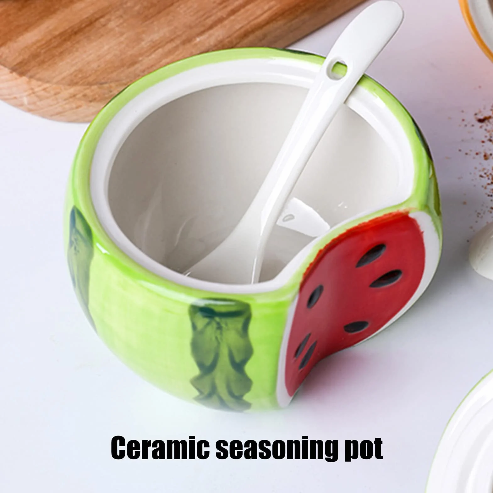 Fyearfly Ceramiczna miska na cukier w kształcie owoców słoik do przechowywania soli i pieprzu z pokrywką łyżką (arbuz)