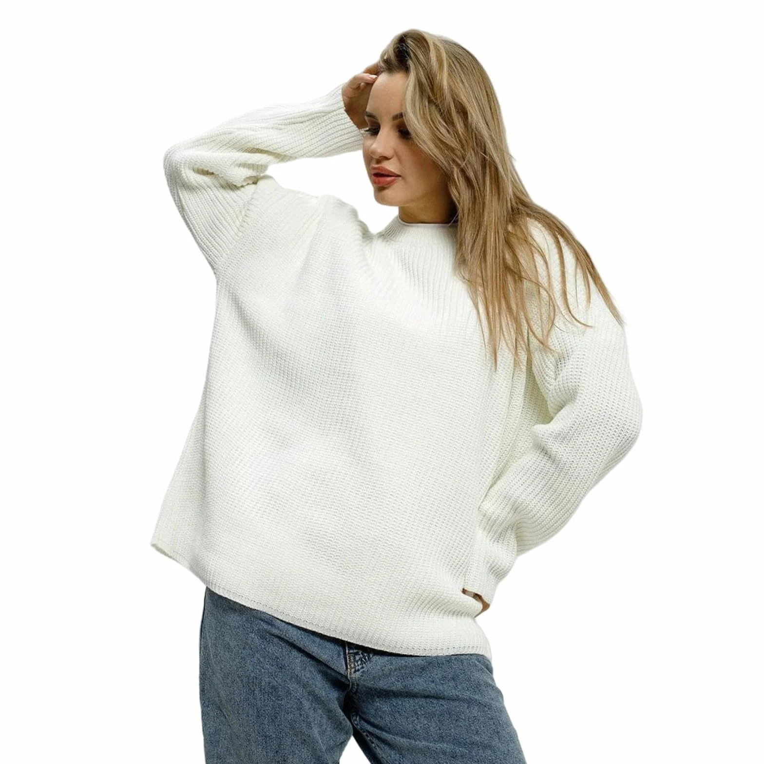 Swetry dla kobiet Sweter damski Jednoczęściowy okrągły dekolt Sweter Wiosna i jesień Luźny sweter z dzianiny Sweter Casual Fashion-White-XL