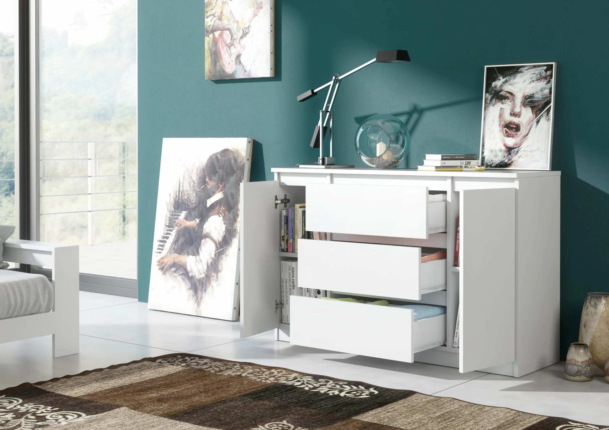 meble masztalerz Komoda Biała Mat z 3 szufladami i 2 drzwiami - 120,4x78,2x39 cm - Komoda do salonu, sypialni - Szafka z szufladami - Komoda z szufladami - 120 cm