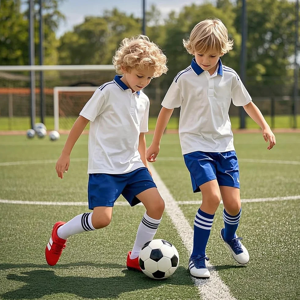 EQLEF Skarpetki piłkarskie dla dzieci w wieku 4-6 lat, 2 pary, dziecięce skarpetki piłkarskie dla chłopców i dziewcząt, trening sportowy, występy piłki nożnej, skarpety kostiumowe, niebieski i biały