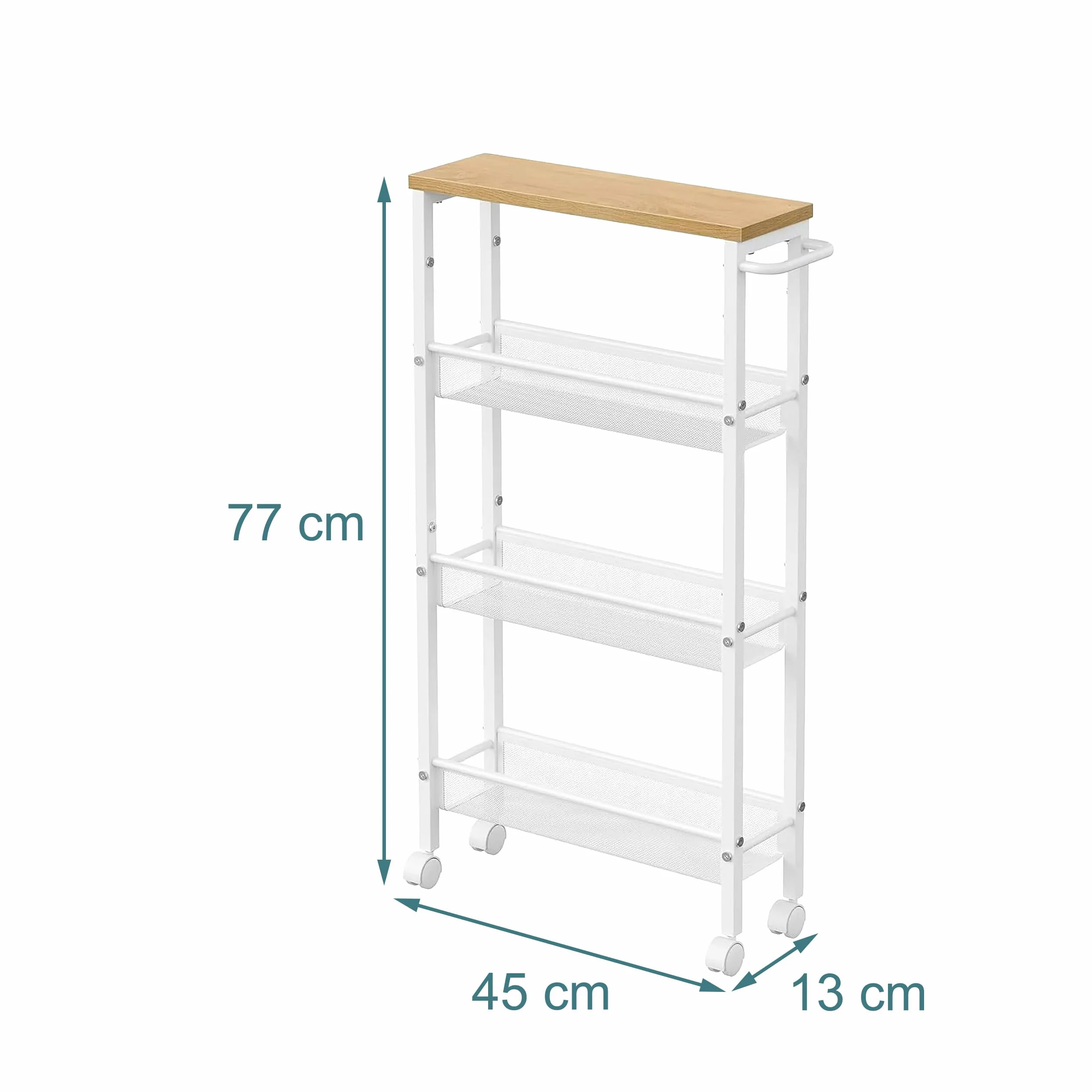 Relaxdays Wózek wnękowy, wys. x szer. x gł.: 77 x 13 x 45 cm, wąski regał wnękowy do łazienki i kuchni, 4 poziomy, regał na kółkach metal, naturalny/biały