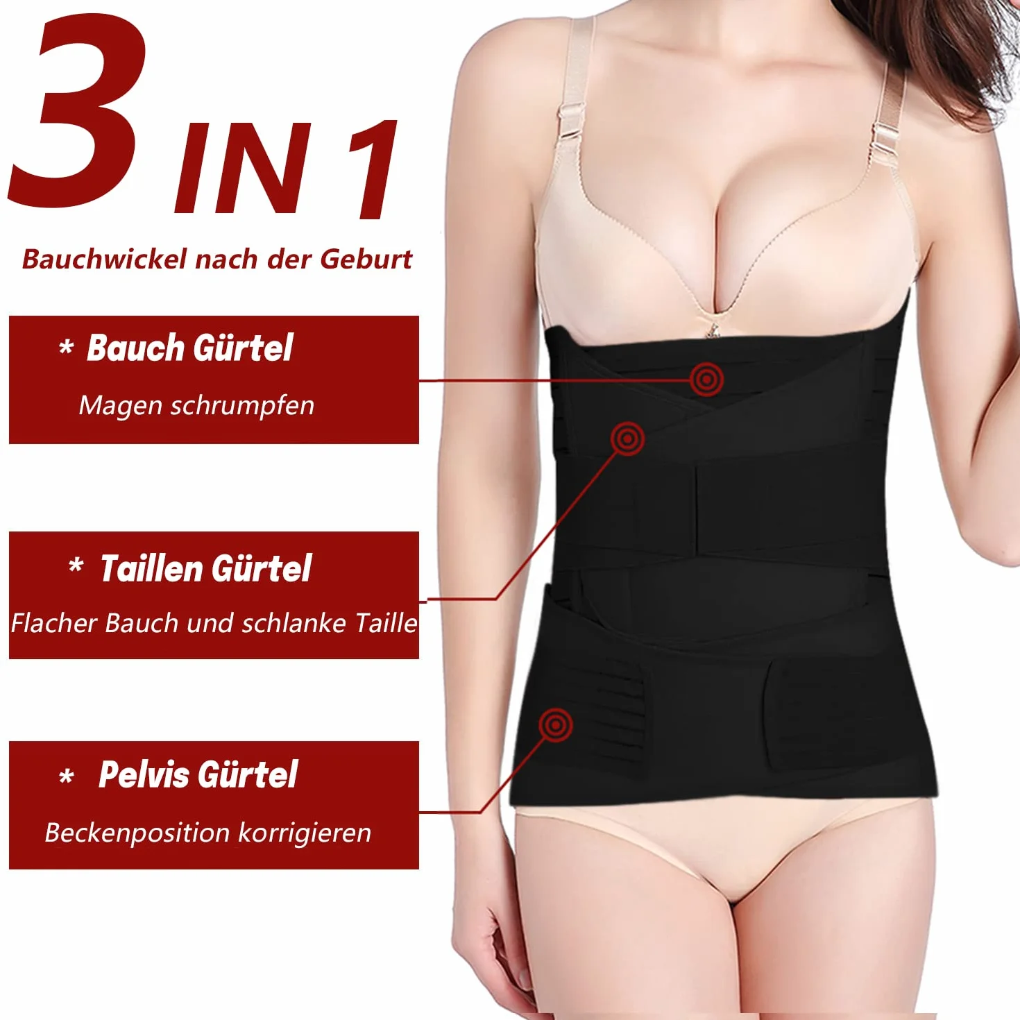 OKPOW 3 w 1 opaska na brzuch po porodzie pas po porodzie damski pas na brzuch wsparcie regeneracji gorset owijany, Czarny, Plus Size for Weight over 190lbs