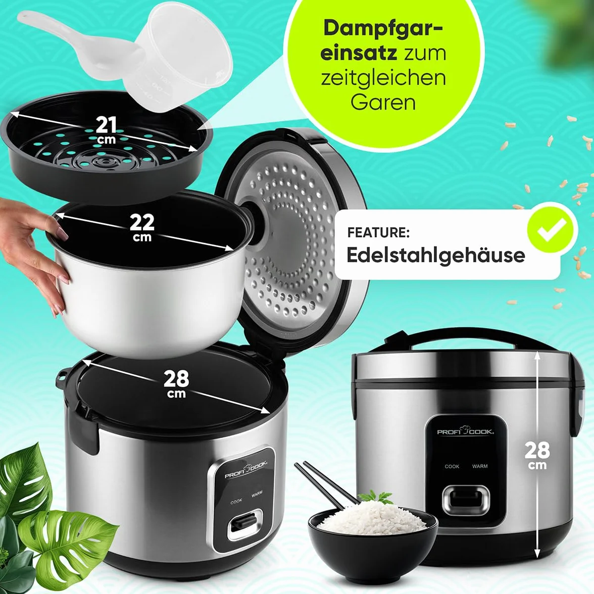 ProfiCook® szybkowar do ryżu 3 kg | szybkie przygotowanie bez przypalania | funkcja utrzymania ciepła | w zestawie kubek z miarką i łyżką do ryżu | Rice Cooker z nieprzywierającą powłoką | szybkowar